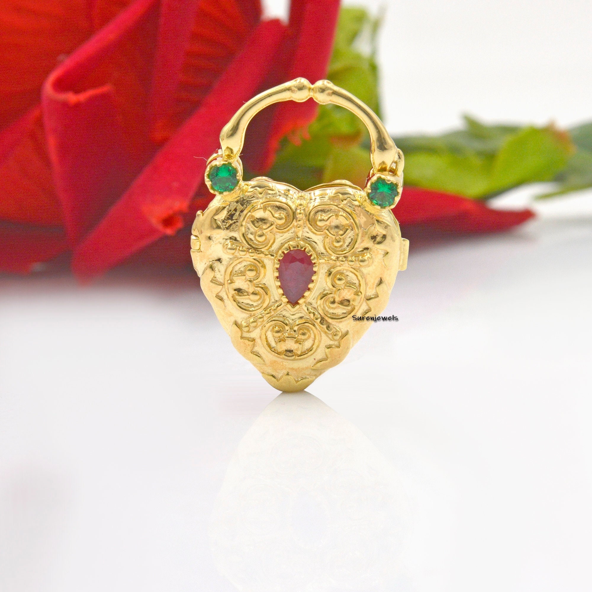 14K Gold Multi Gemstone Heart Padlock: Designer Locket - View 4 - Suren Jewels | SKU: SJP85-SLYGCZRUGO-N47-18I