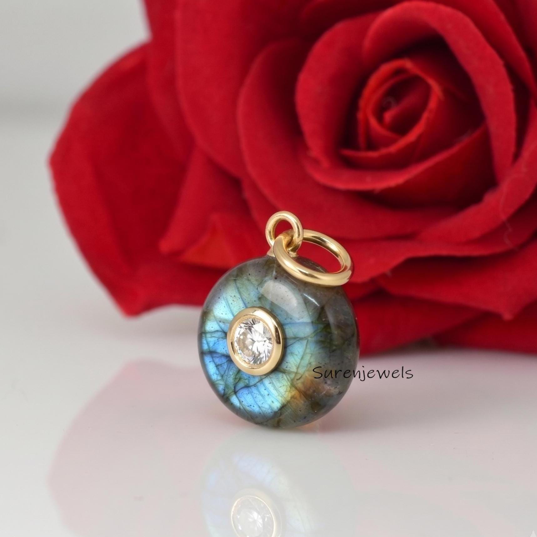 14K Gold Plated Carved Gemstone Round Ball Pendant, Gemstone Round Disc Pendant, Designer Handmade Ball Disc Pendant, Quartz
