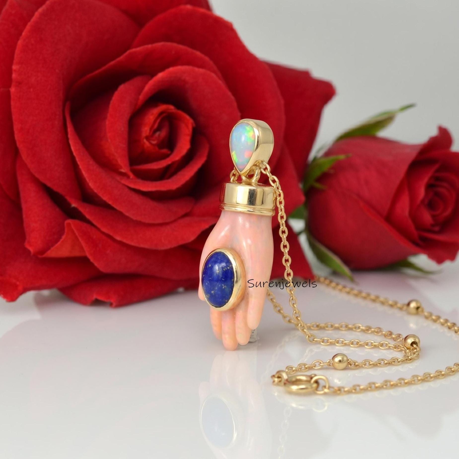 hand Carved 14k Gold Gemstone Figa Hand Pendant - View 2 - Suren Jewels | SKU: SJP
