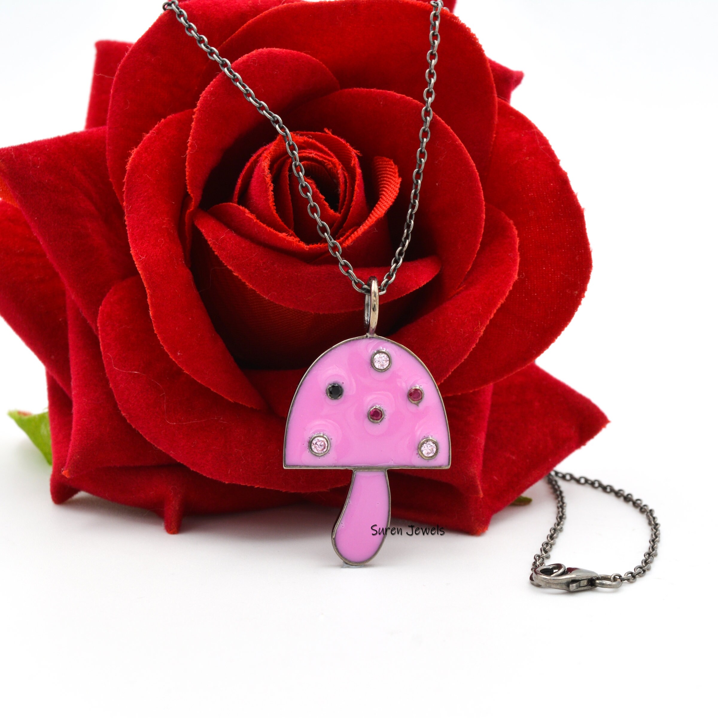 14k Gold Enamel Mushroom Pendant: Gemstone Charm (35x20 mm) - View 7 - Suren Jewels | SKU: SJM30