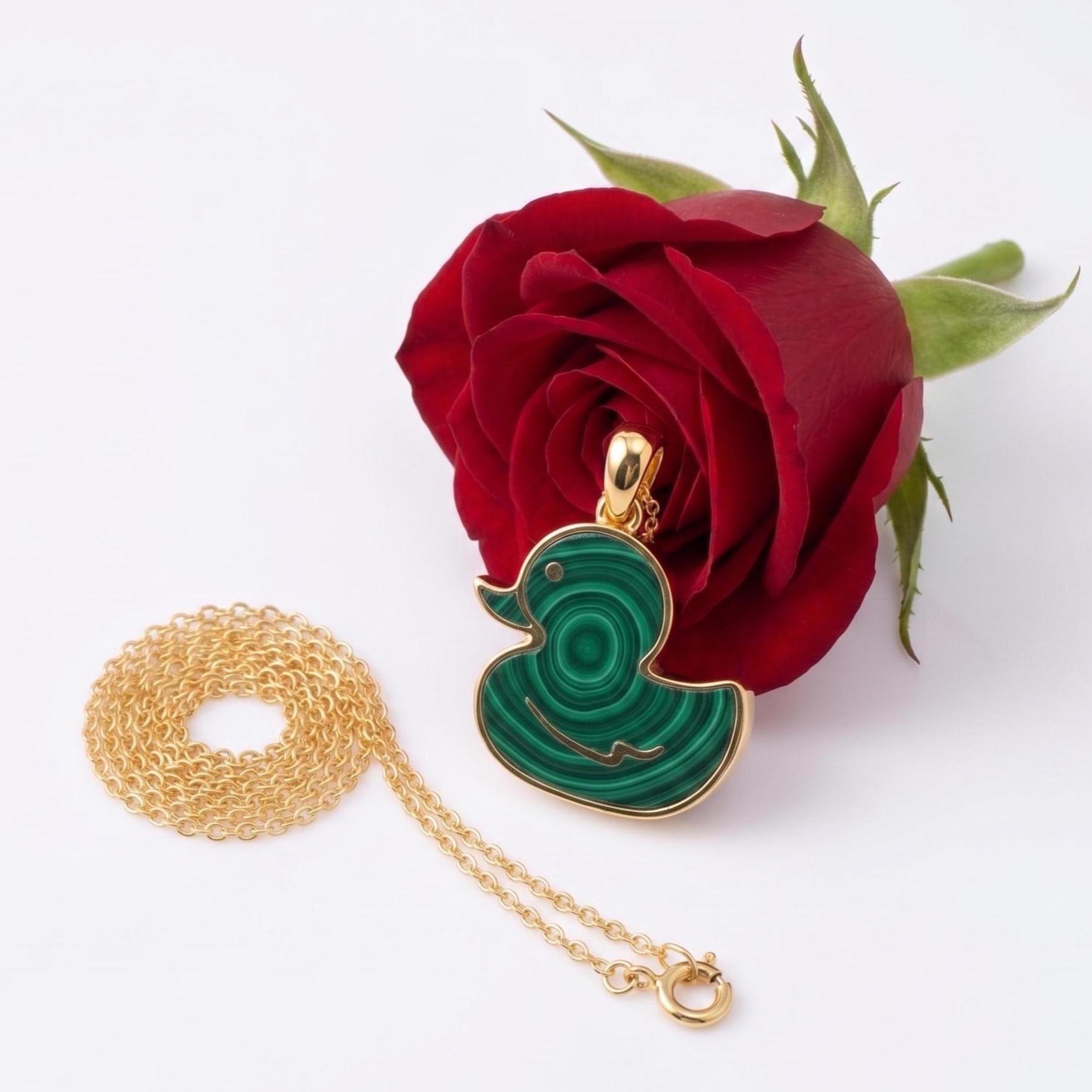 Malachite Rubber Duck Necklace, Gold Plated Duck Pendant, Unique Green Gemstone Jewelry, Whimsical Animal Necklace, Cute Duck
