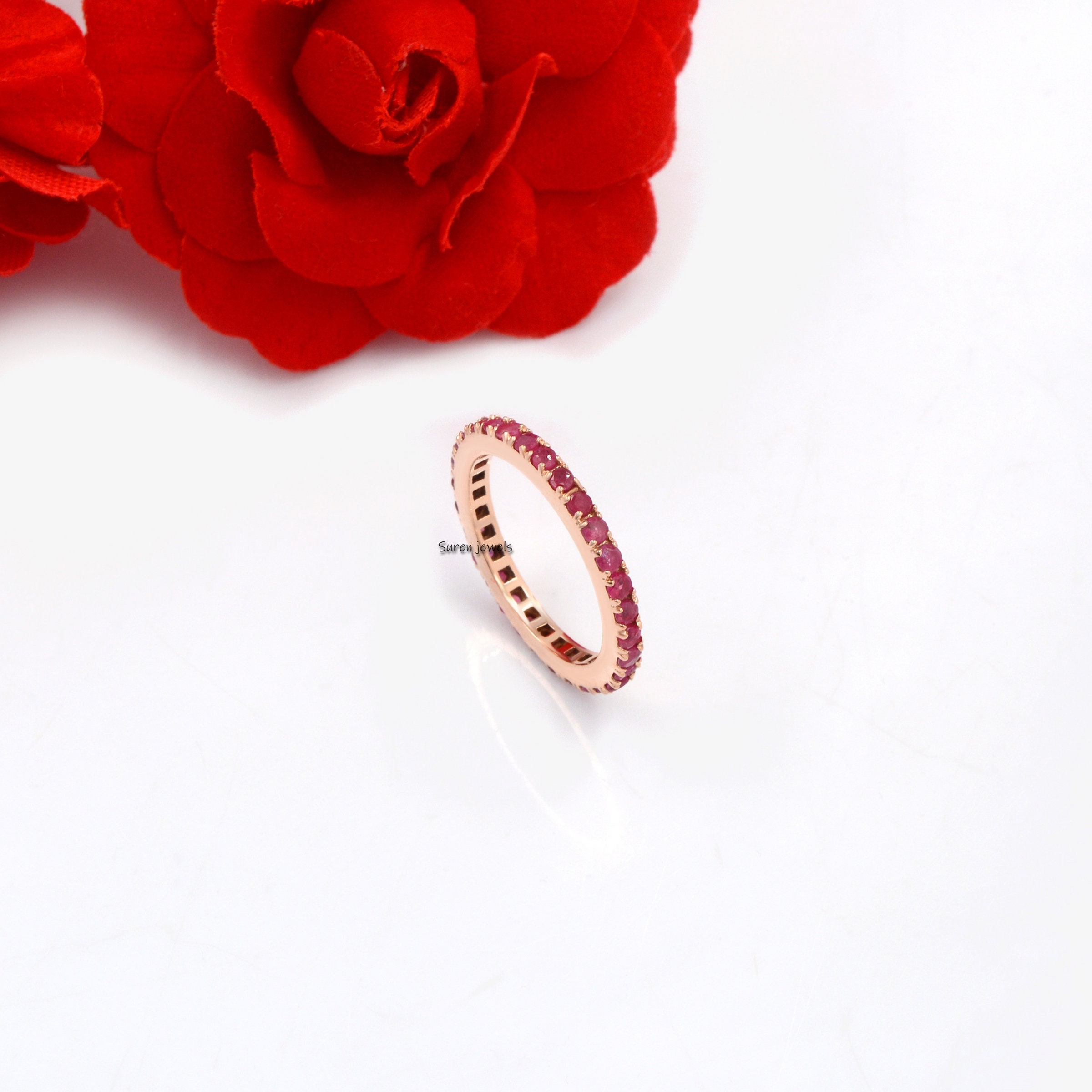 14K Yellow Gold Ruby Wedding Band: Dainty Stacking Ring - Suren Jewels | SKU: SJR380-14KYGPSP