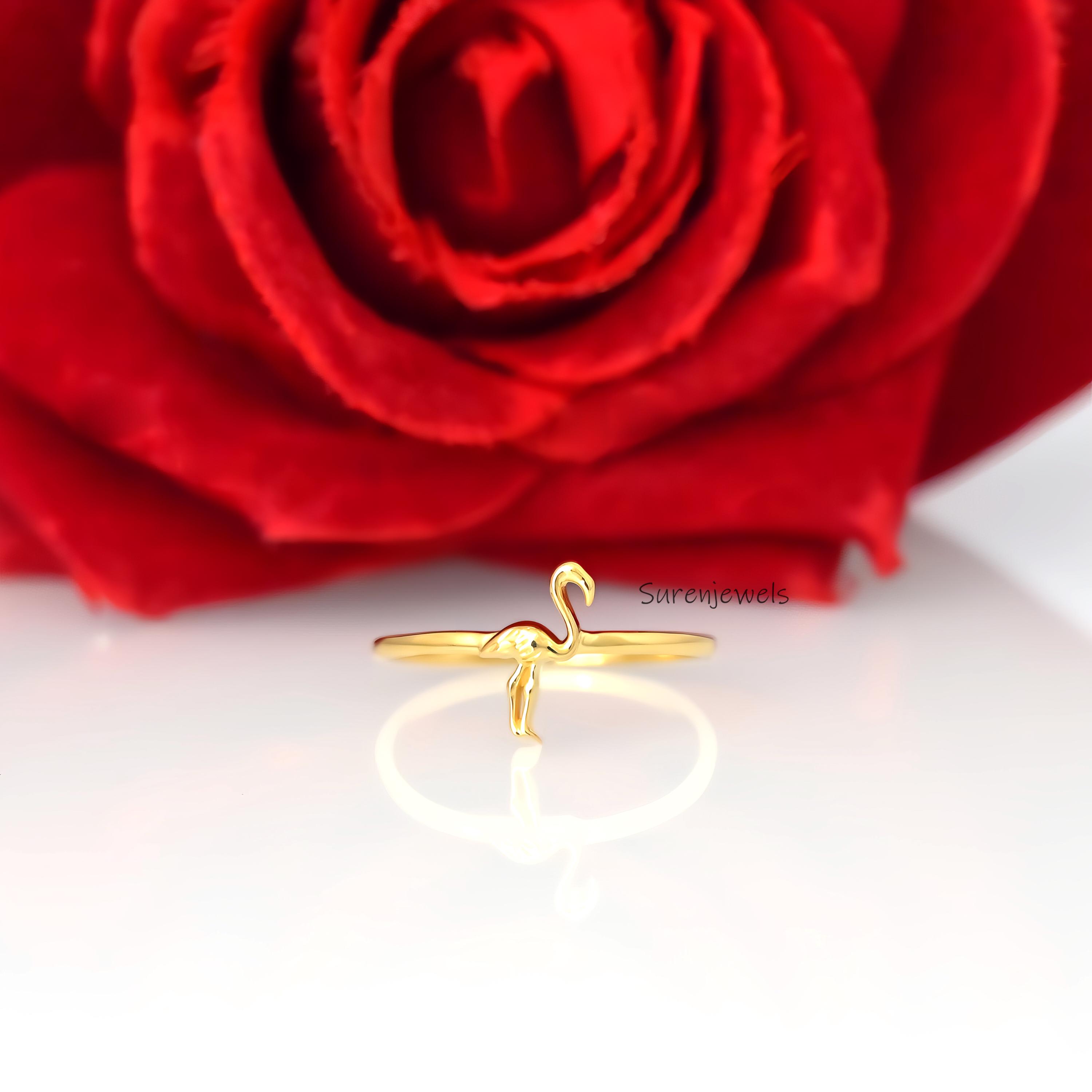 14k Gold Flamingo Ring: Dainty Animal Bird Jewelry - View 3 - Suren Jewels | SKU: SJR2967-SLWG-US-3,SJR2975-SLRG-US-5