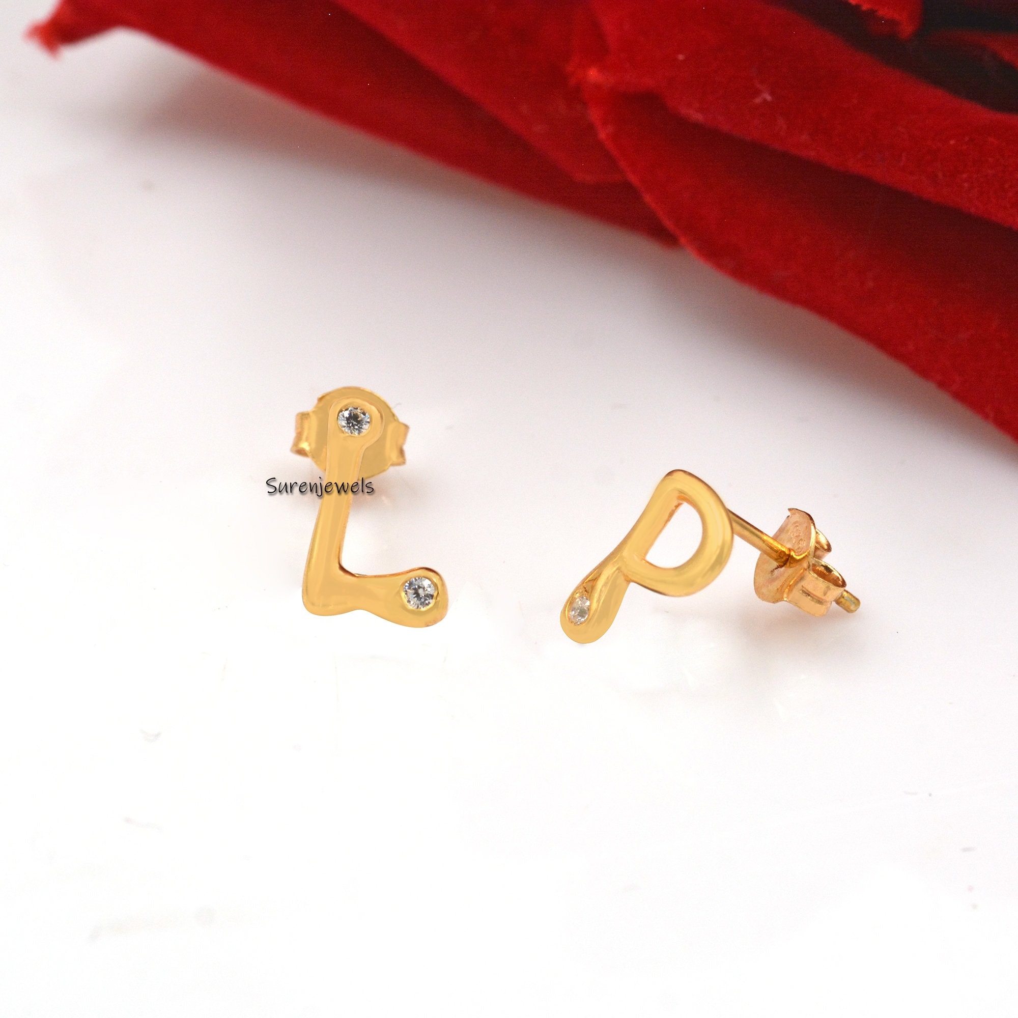 14k Gold Bubble Initial Stud Earrings with White Topaz - View 5 - Suren Jewels | SKU: SJE944-SLYGWT-C