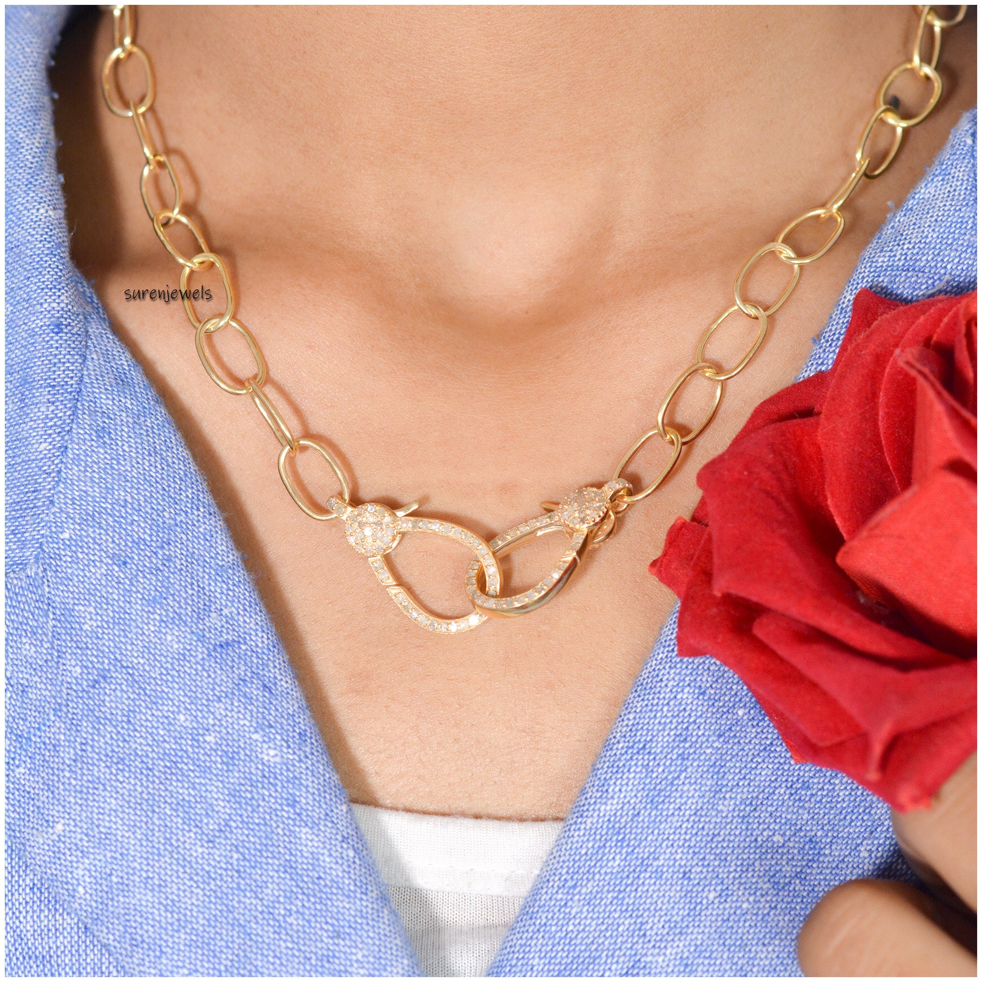 Pave Diamond Lobster Clasp Necklace: Gold Plated 925 Sterling Silver - View 4 - Suren Jewels | SKU: SJN23/ G7-SLRH-11M-18I-F0