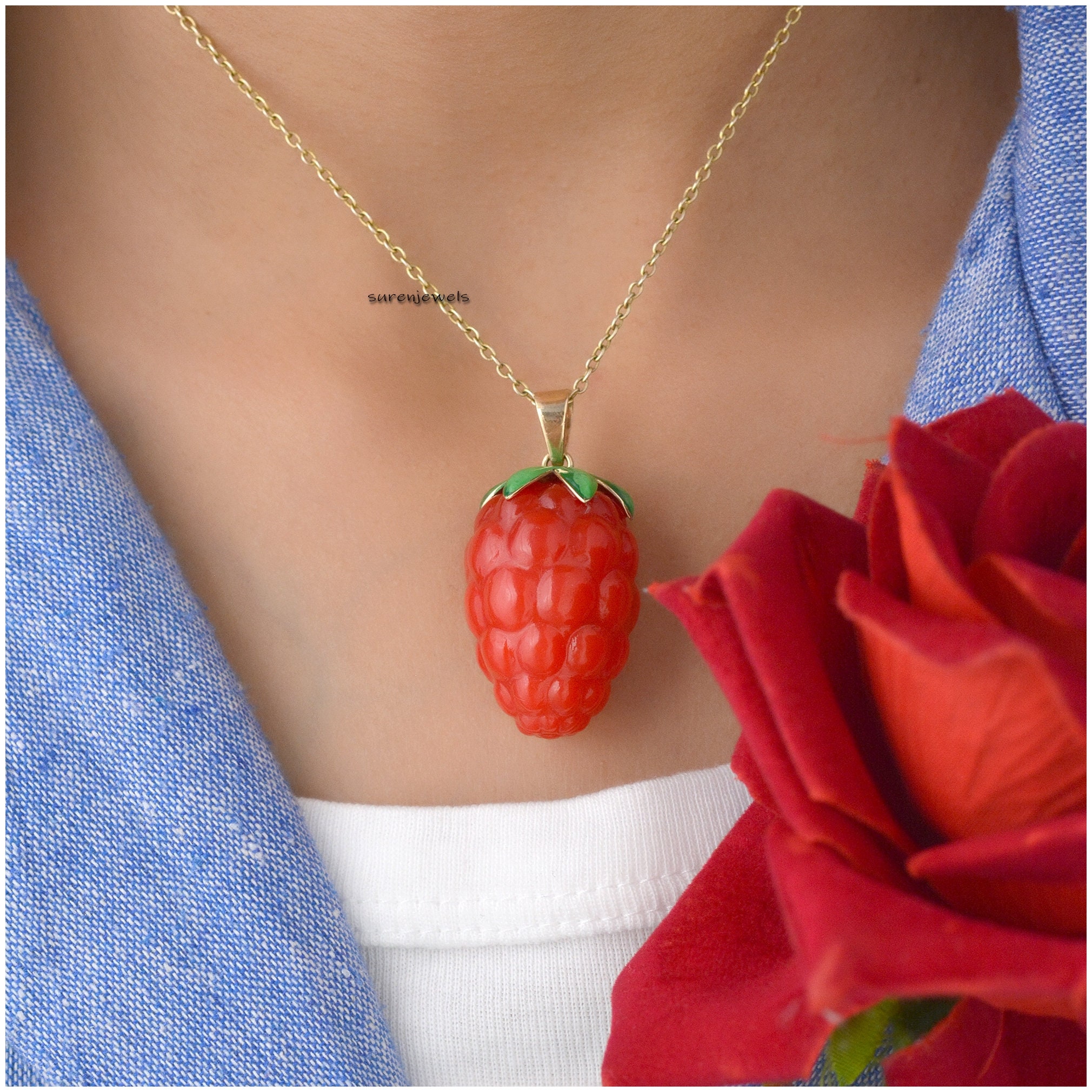 Hand Carved 14k Gold Gemstone Strawberry Pendant: Handmade Enamel Jewelry - View 3 - Suren Jewels | SKU: SJP1376-9KYGRUCZ