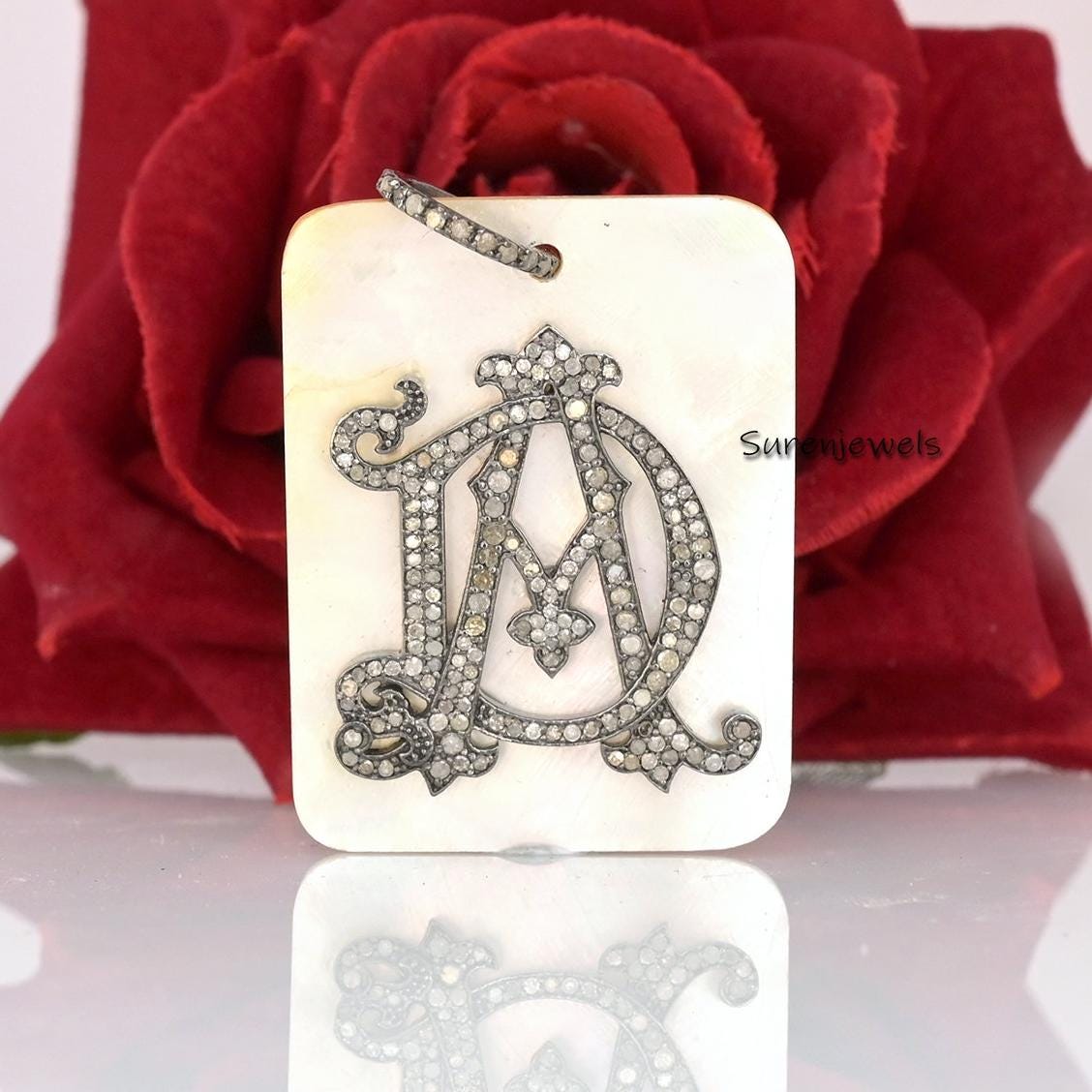 925 Silver Diamond Monogram Pendant: Pearl Gemstone Dog Tag - View 3 - Suren Jewels | SKU: SJP631-SLRHMOPDI-SG