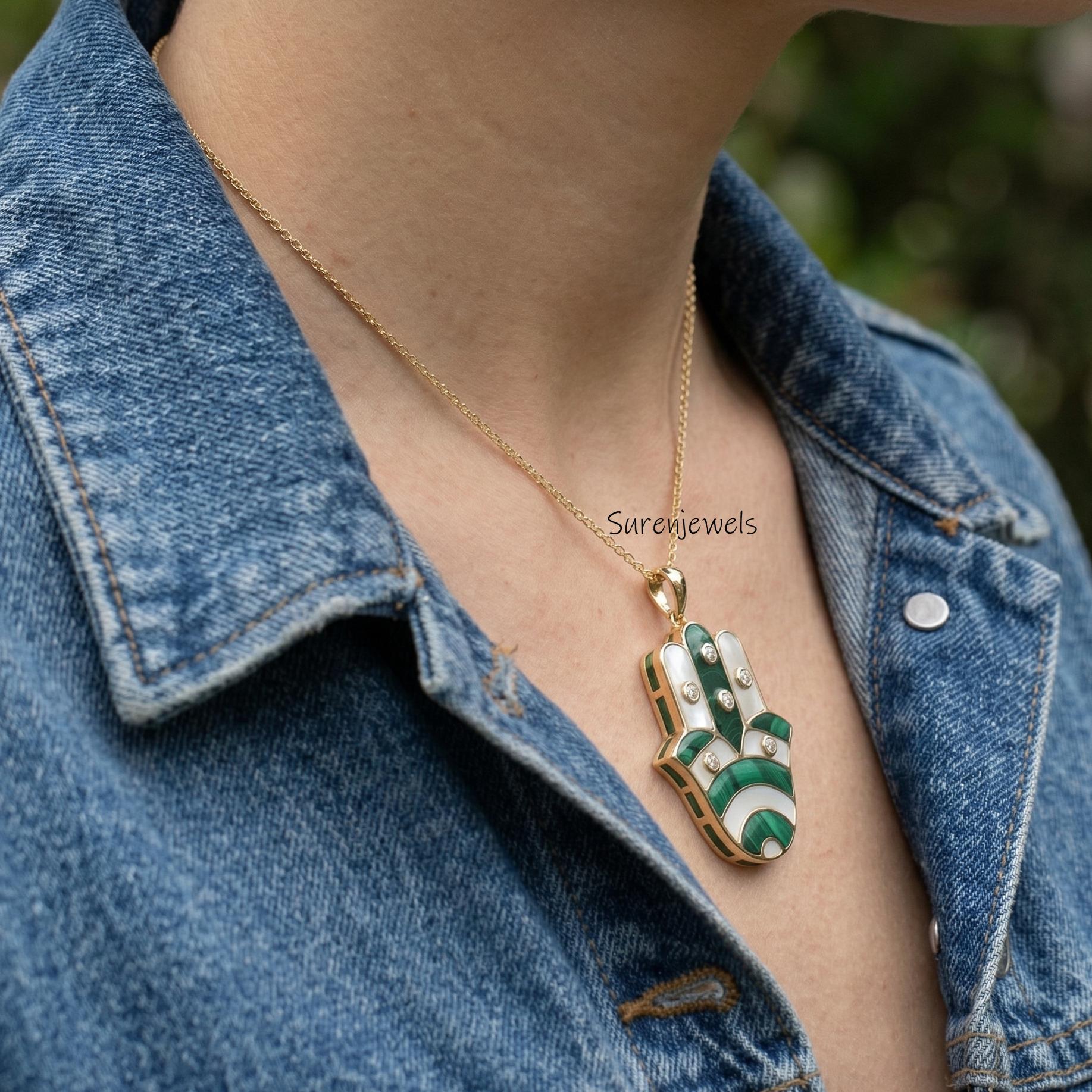 14k Gold Carved Gemstone Fatima figa hand Pendant Jewelry - View 4 - Suren Jewels | SKU: SJP