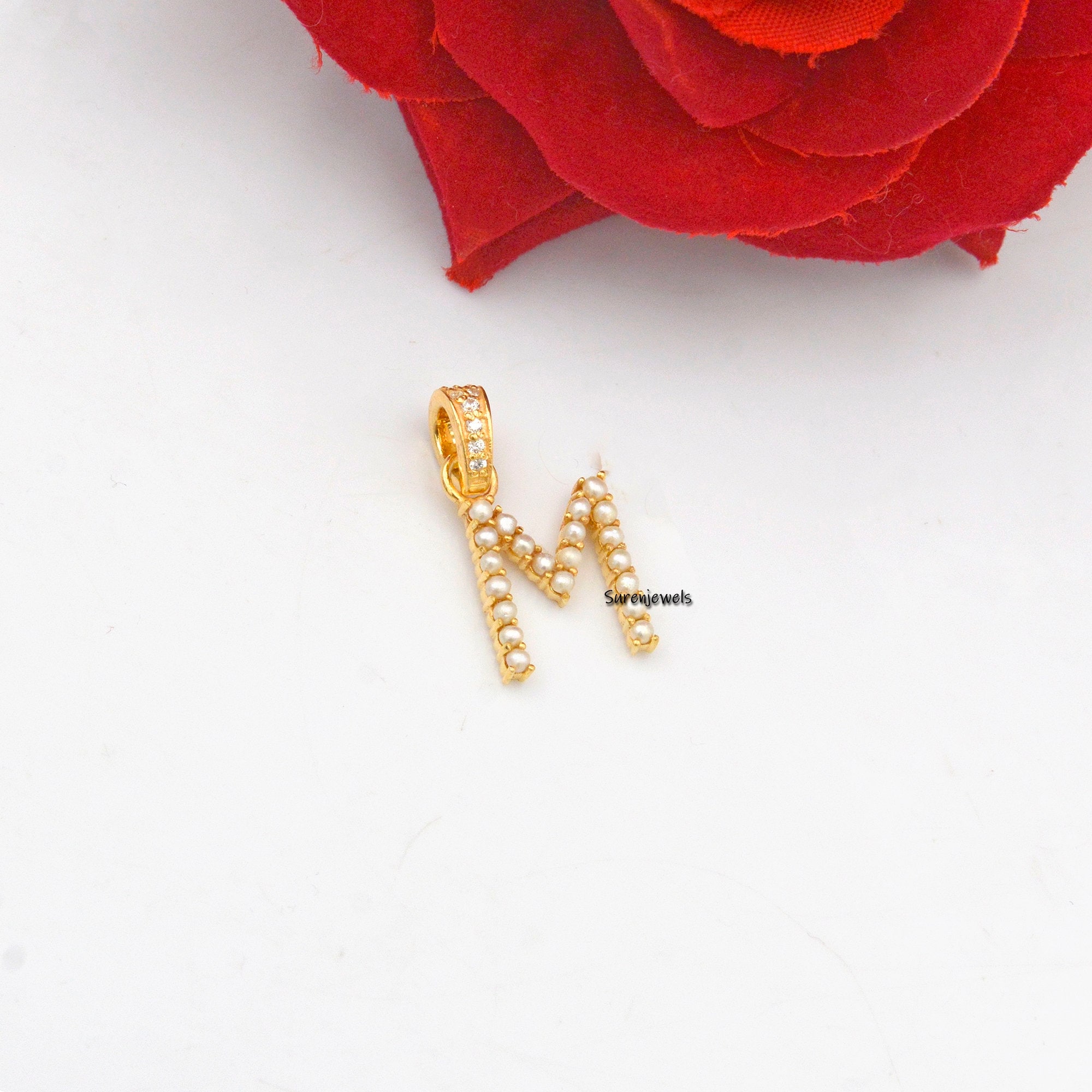 Gemstone Initial Pendant: 925 Silver, Natural Pearl Letter Necklace - View 2 - Suren Jewels | SKU: SJP982-SLYGCZPL