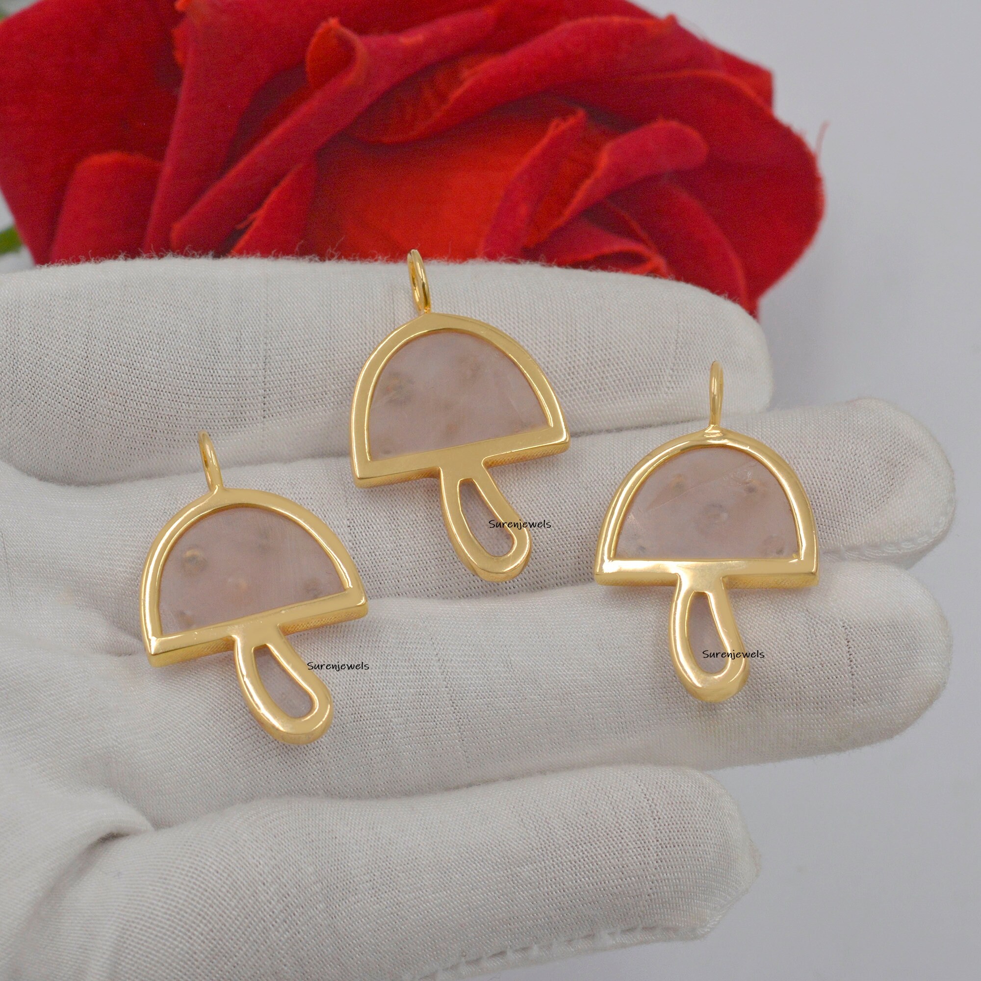 14K Gold Rose Quartz Mushroom Pendant: Gemstone Charm - View 6 - Suren Jewels | SKU: SJP980-SLYGPOMTCS
