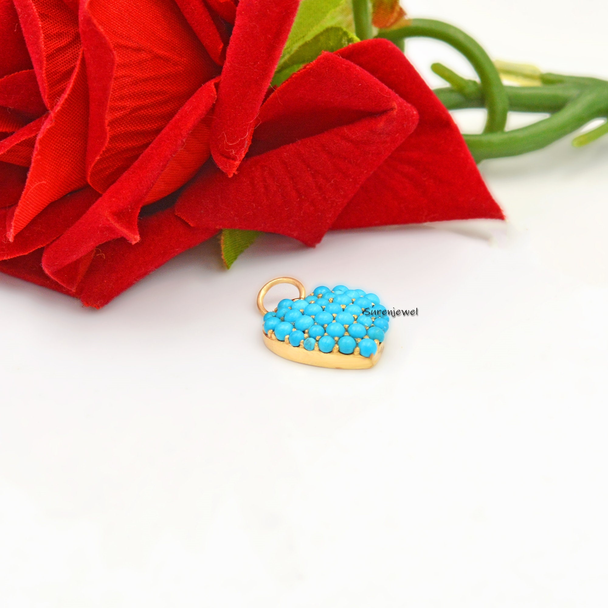 14K Gold Turquoise Heart Pendant: Dainty Gemstone Charm - View 2 - Suren Jewels | SKU: SJP1003