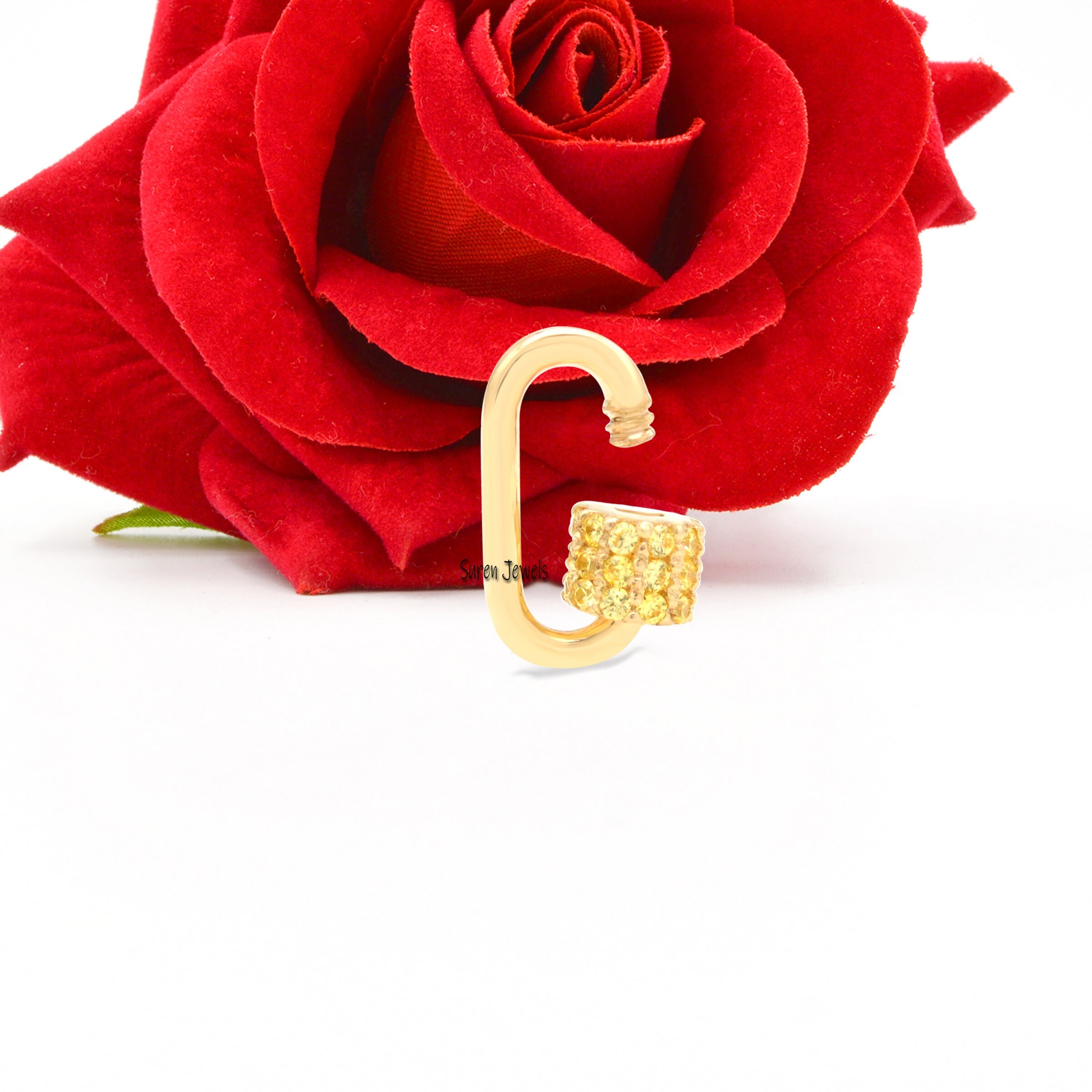 14k Gold Diamond Carabiner Lock Pendant: Pave Oval Charm - View 7 - Suren Jewels | SKU: SJC05-14KYGDI-30M