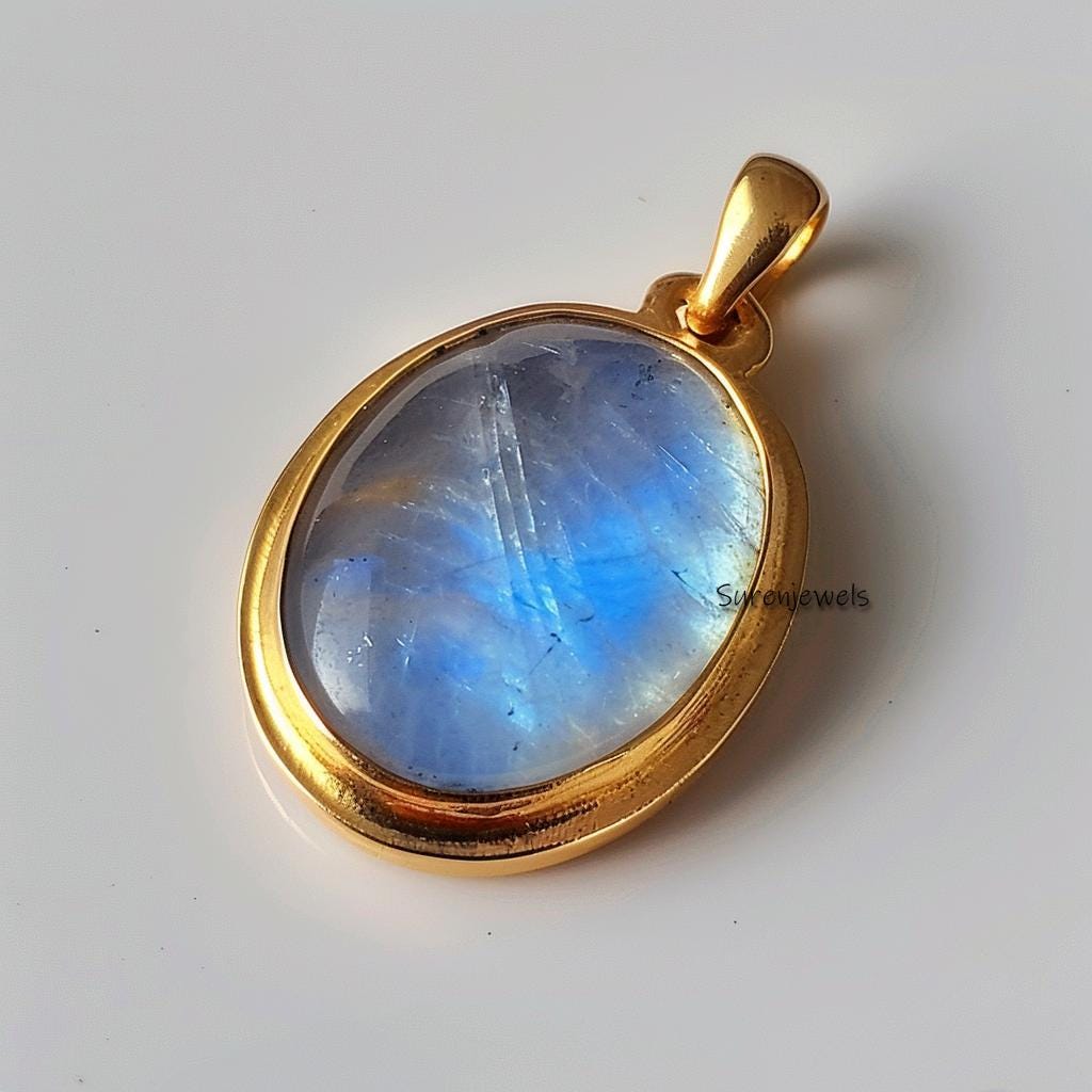 14K Gold Rainbow Moonstone Pendant: Handmade Oval Charm - View 2 - Suren Jewels | SKU: SJP5074-SLYGLB-25M