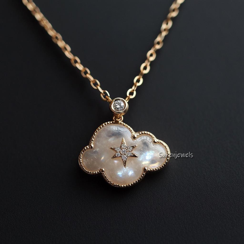 14K Gold Cloud Pendant: Star Moon Gemstone Necklace - Suren Jewels | SKU: SJP5346-SLYGMSCZ-30M,SJP5023,SJP,SJP4740-SLYGLB-30M