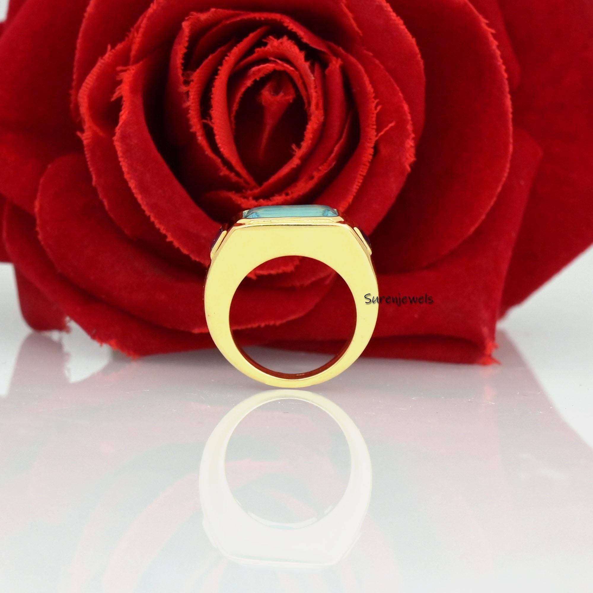 14k Gold Signet Ring: Aqua Quartz & Blue Sapphire Gemstone - View 3 - Suren Jewels | SKU: SJR899 -14KYBSPAQ-US-4