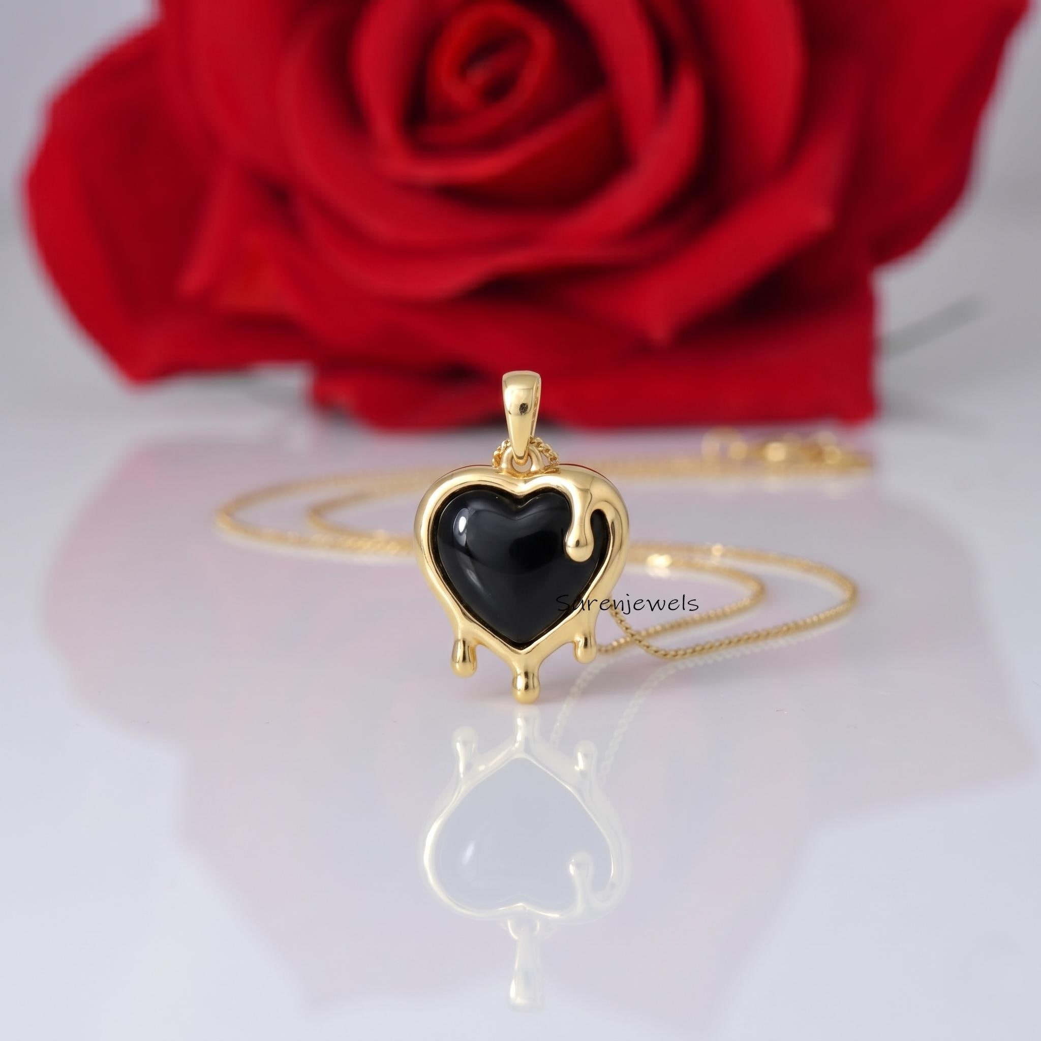 Gold Melting Heart Pendant, Gemstone Heart Pendant, Drip Heart Pendant, Gothic Valentine Jewelry, Aesthetic Minimalist pendan