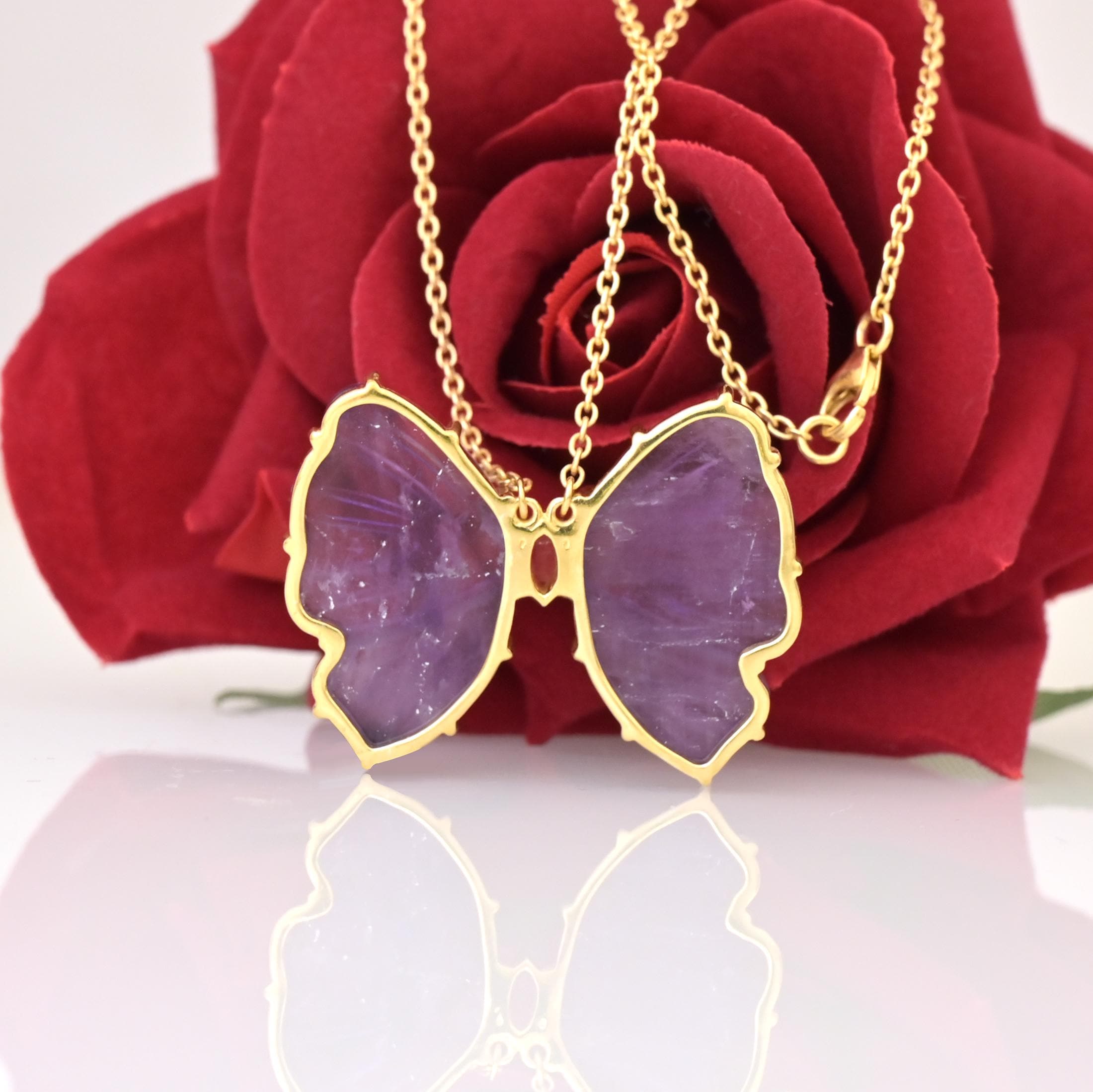 14K Gold Butterfly Charm Necklace: Handmade Carved Gemstone Pendant - View 3 - Suren Jewels | SKU: SJN1949