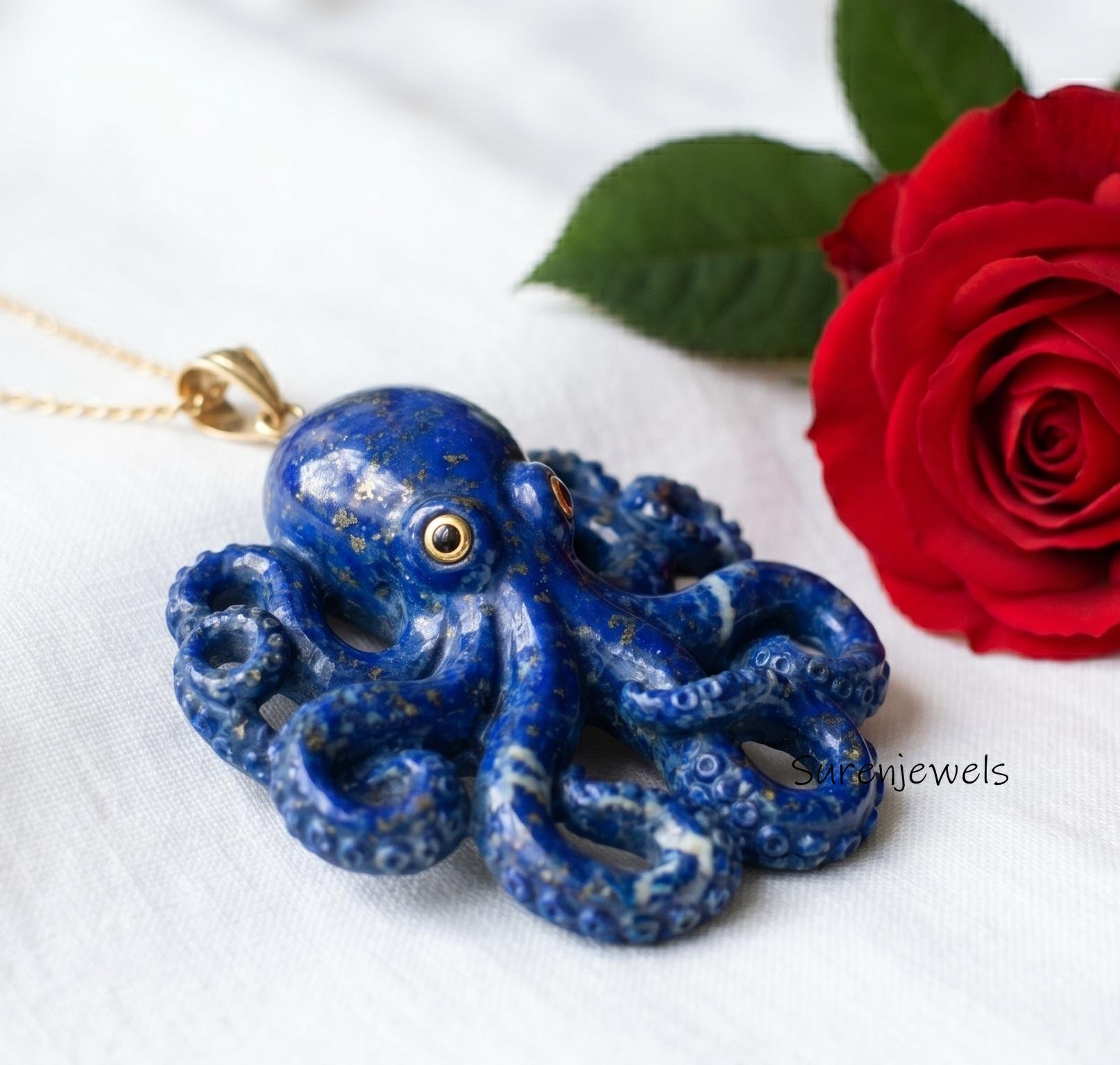 Hand Carved 14k Gold Gemstone Octopus Pendant: Handmade Carved Jewelry - View 2 - Suren Jewels | SKU: SJP6142-SLYGBCHBKCZ-35M