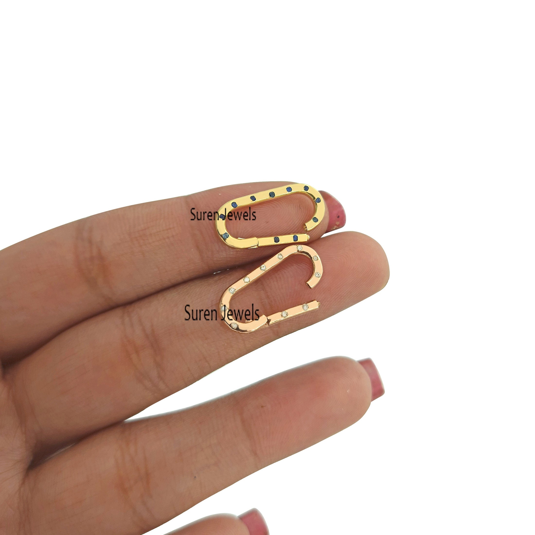 9K Gold Charm Holder Lock: Diamond & Sapphire Necklace Connector - View 2 - Suren Jewels | SKU: SJP575-9KYGBSP