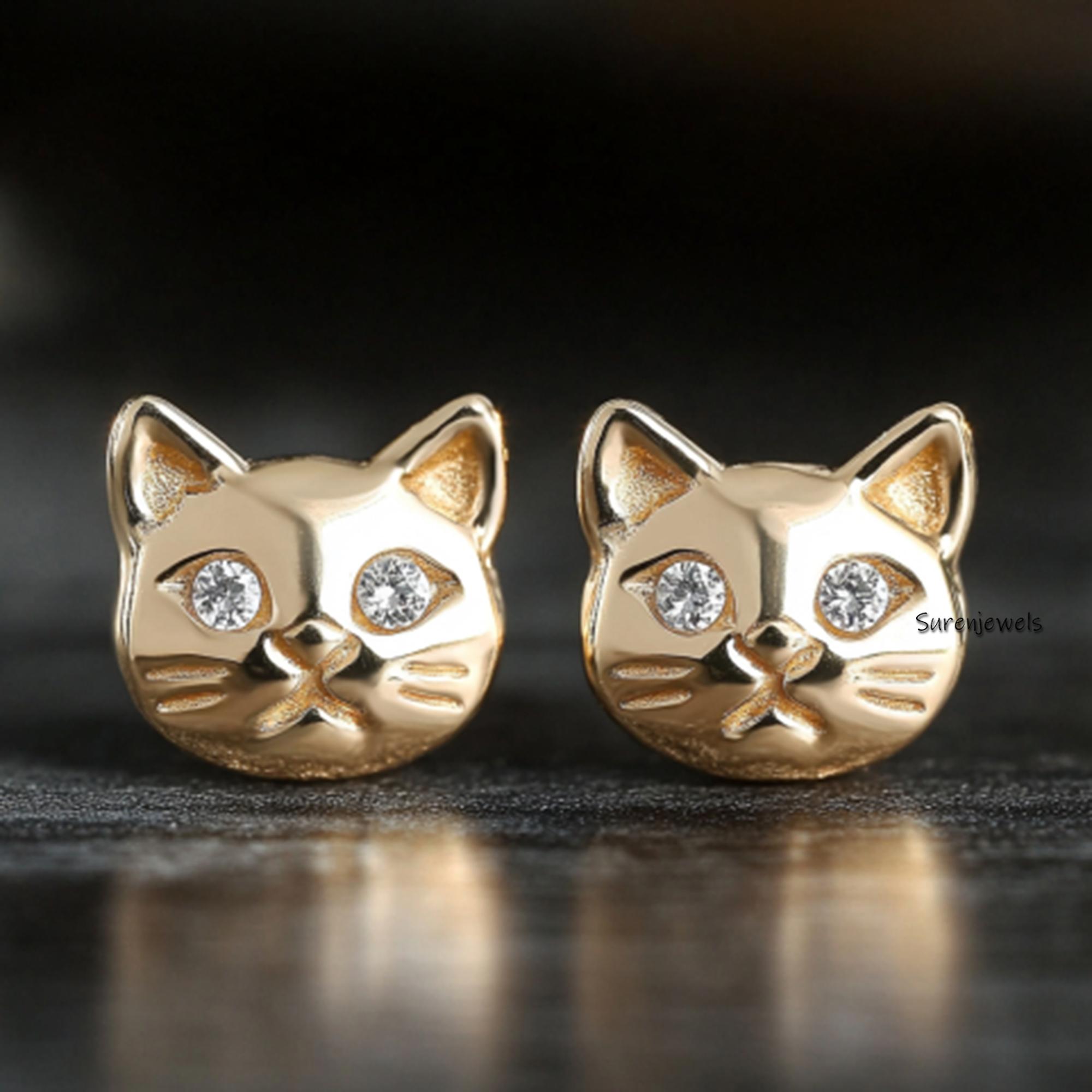 14k Gold Tiny Cat Stud Earrings, CZ Eyes - View 5 - Suren Jewels | SKU: SJE1863-SLYGBSP-10M