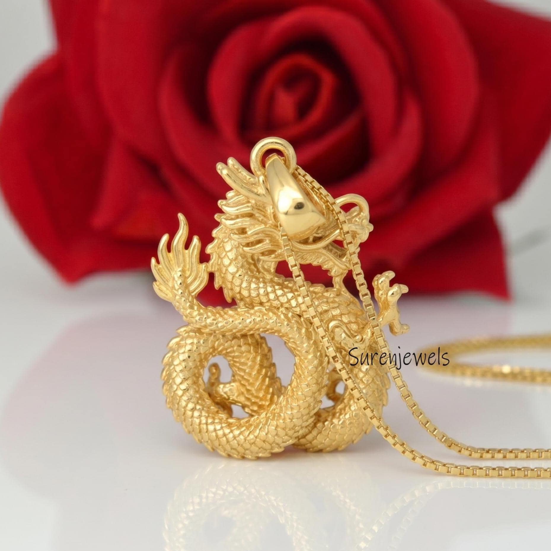 14k Gold Chinese Dragon Pendant, Gold Chinese Dragon Pendant, Chinese Dragon Jewelry, Dainty Solid Gold Dragon Charm, Gold Dr