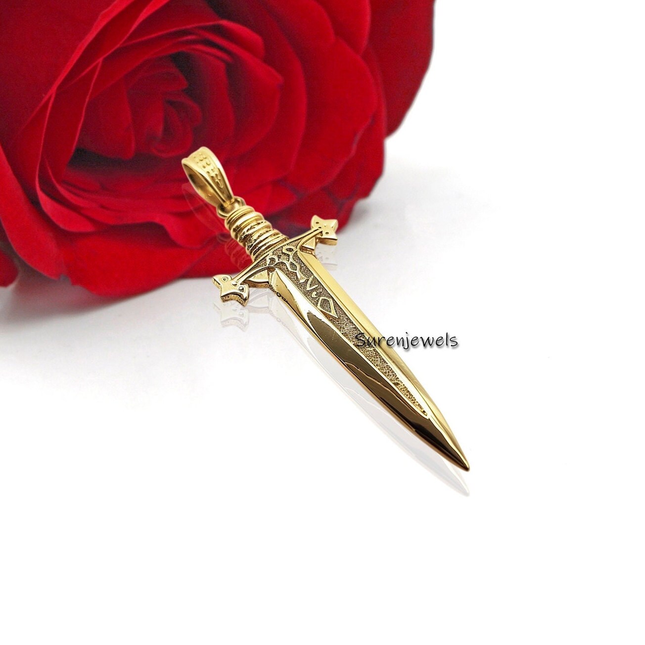 14k Gold Dagger Sword Pendant, Handmade Jewelry - View 3 - Suren Jewels | SKU: SJP3372-SLYG-25M