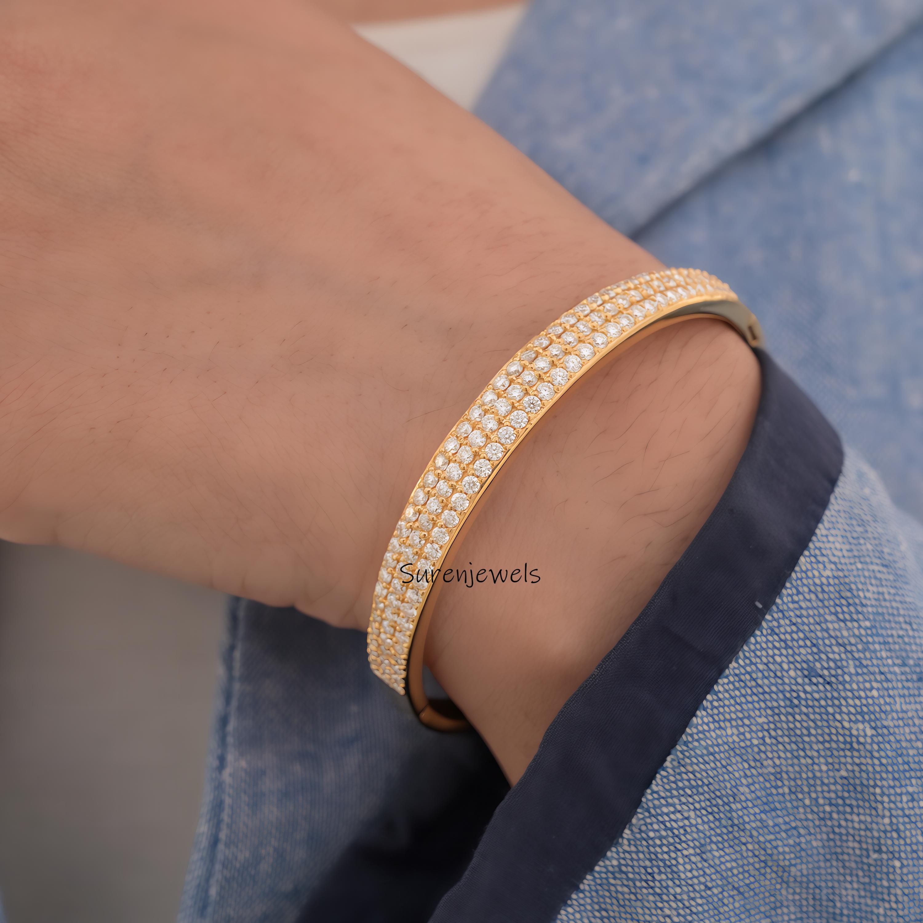 Handmade 14k Gold Pave Moissanite Diamond Bangle (7 inch) - View 2 - Suren Jewels | SKU: SJB315-SLYGMN-7I