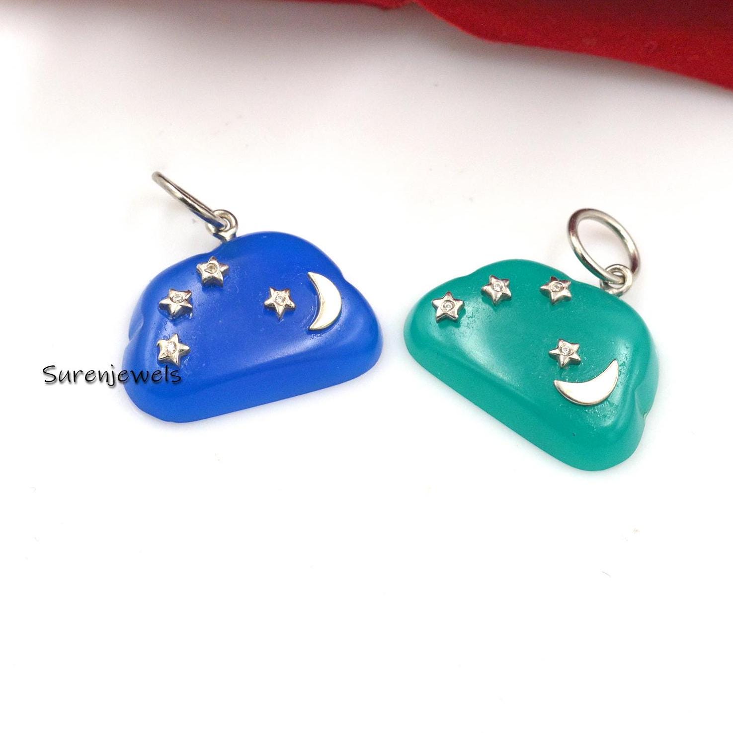 14K Gold Gemstone Cloud Pendant: Star Moon Design - View 2 - Suren Jewels | SKU: SJP1435
