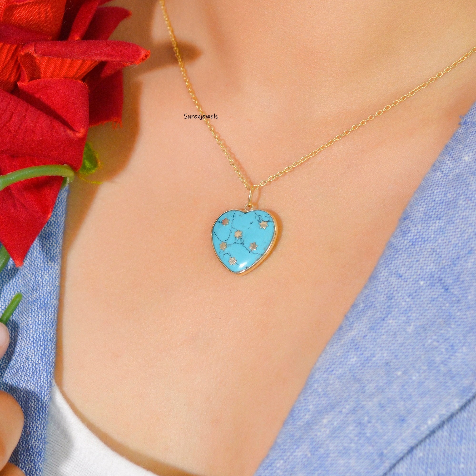 Handmade 14K Gold Gemstone Heart Pendant, Tiny Star Design - View 5 - Suren Jewels | SKU: SJP758-14KYGHT-20M