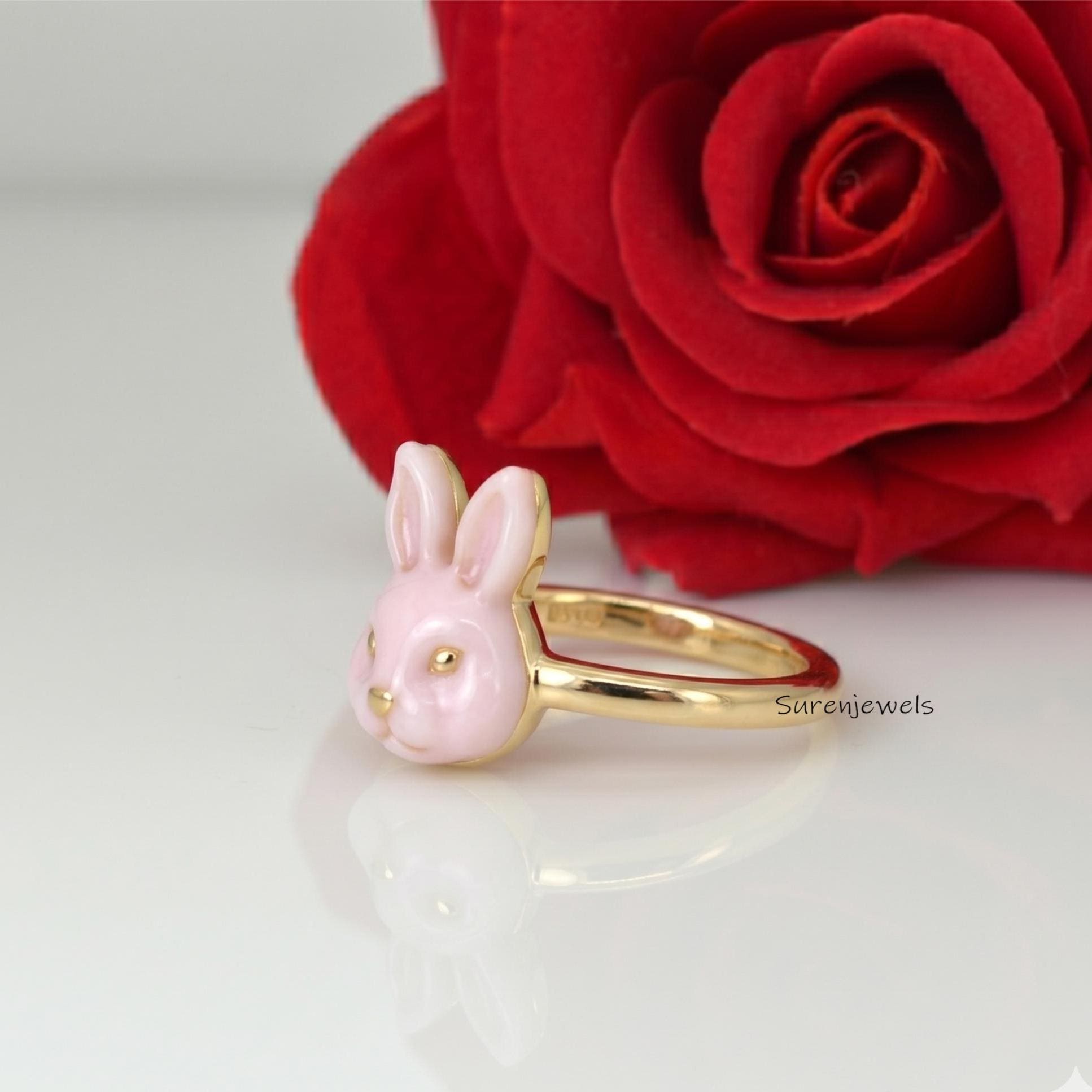 14K Gold Gemstone Bunny Ring, Rose Quartz Bunny Ring, Hand Carved Gold Rabbit Ring, Carving Gold Bunny Ring, Rabbit Animal Je