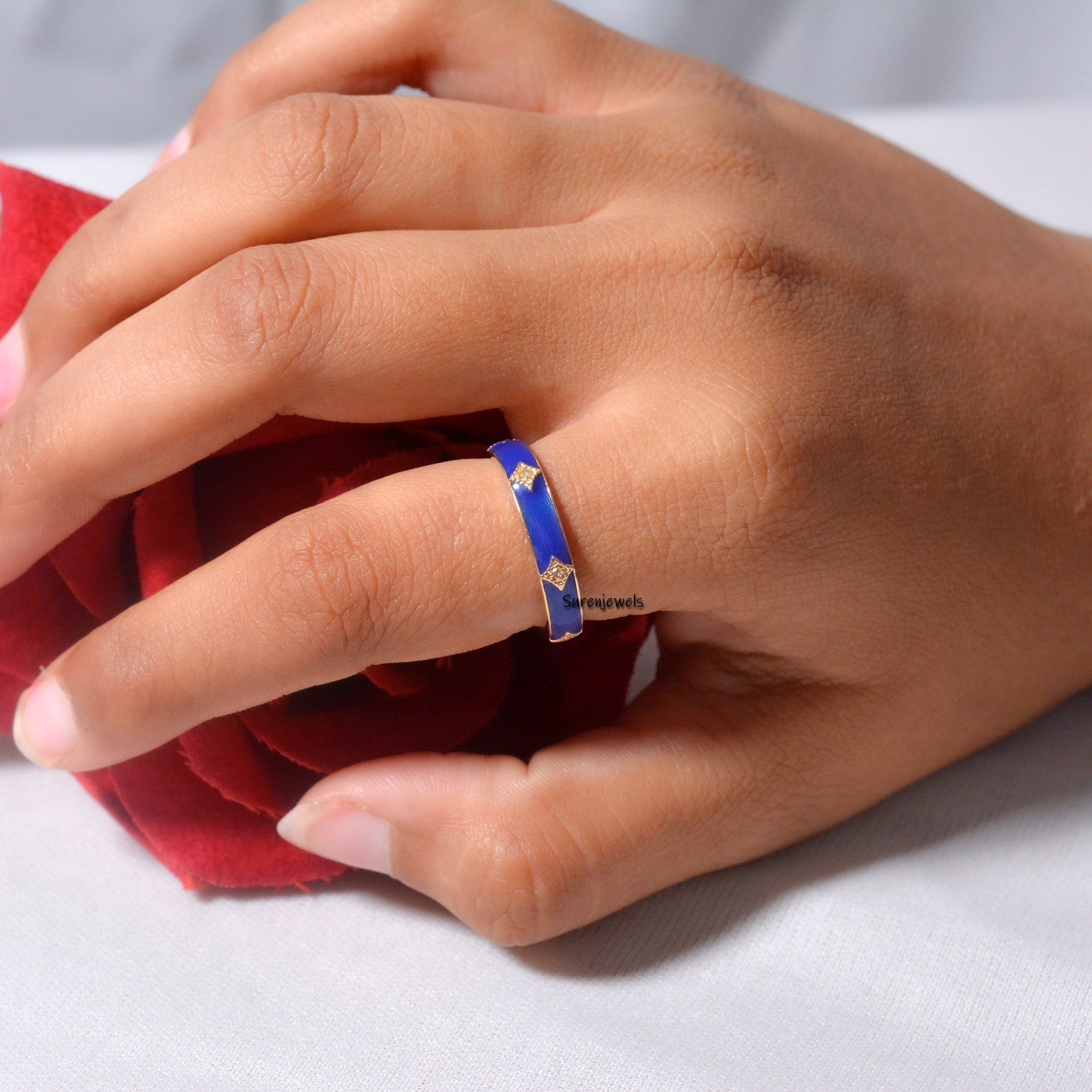 Diamond & Enamel 925 Sterling Silver Stacking Ring - View 3 - Suren Jewels | SKU: SJR632-SLYGDIELB
