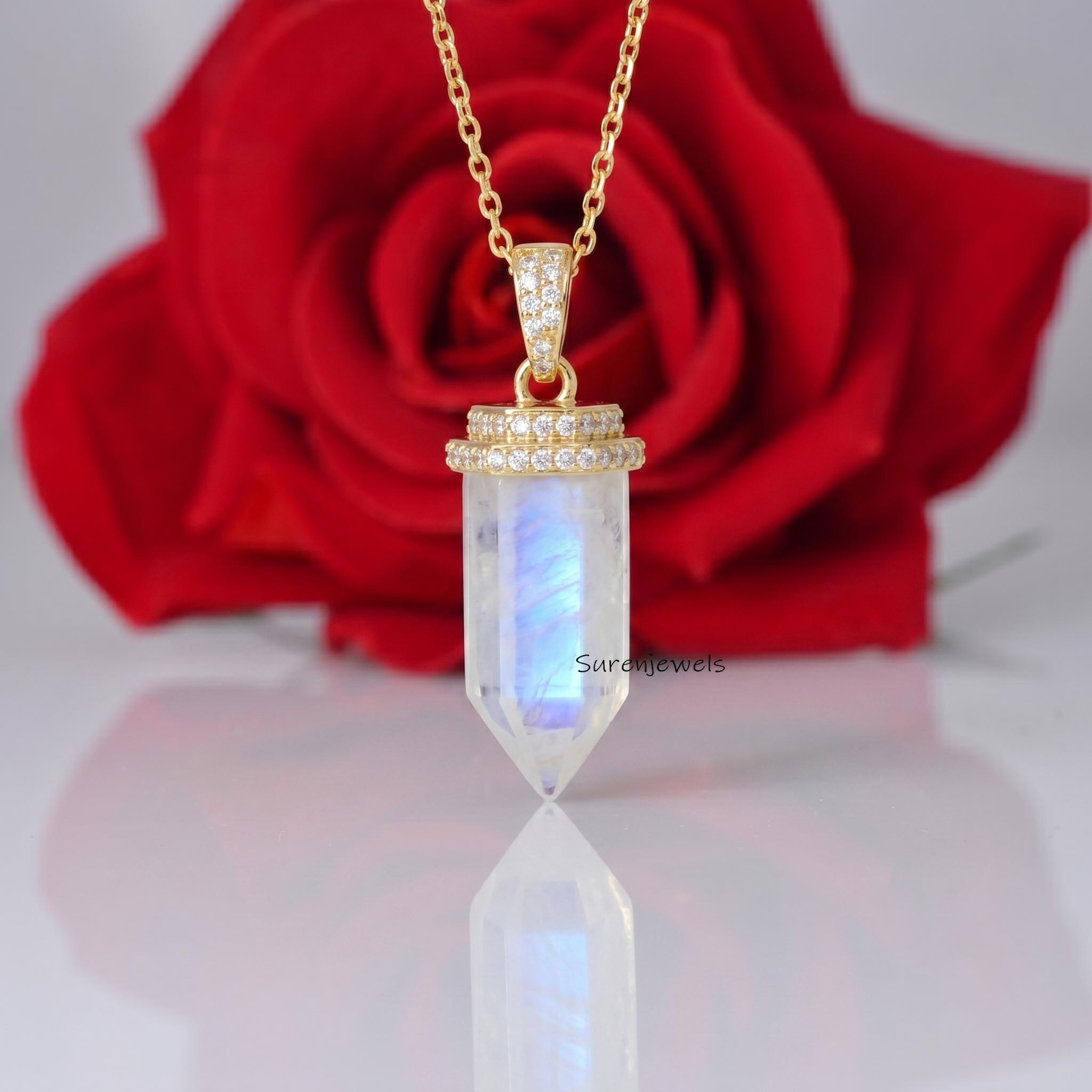14K Gold Gemstone Point Pendant, Moonstone Point Pendant, Crystal Pencil Point Pendant, Moonstone Pendant, Crystal Pointed Pe