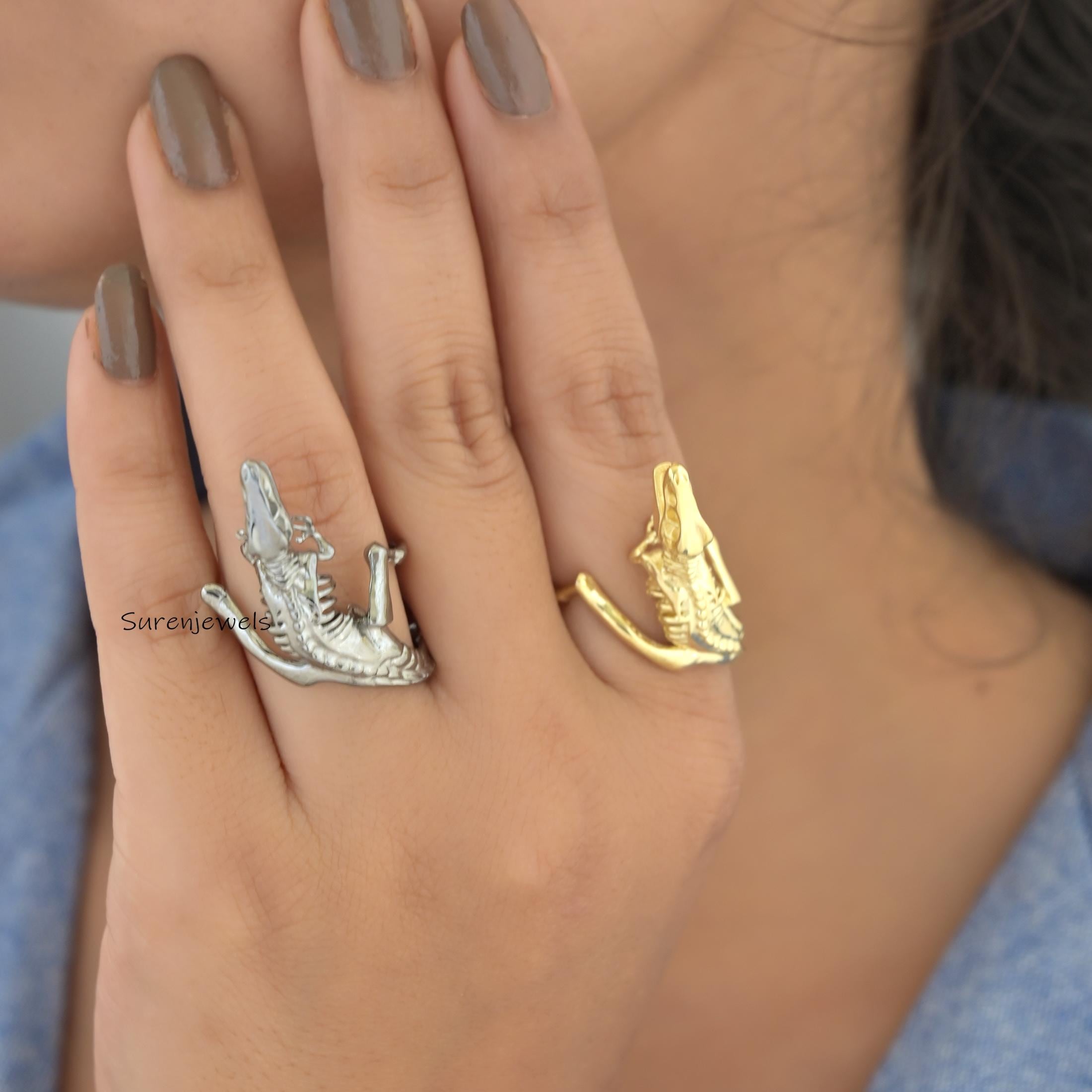 Sterling Silver T-Rex Ring, T Rex Ring Dinosaur Jewelry - View 4 - Suren Jewels | SKU: SJR3419-SLYG-US-7,SJR3374-SLRH-US-8