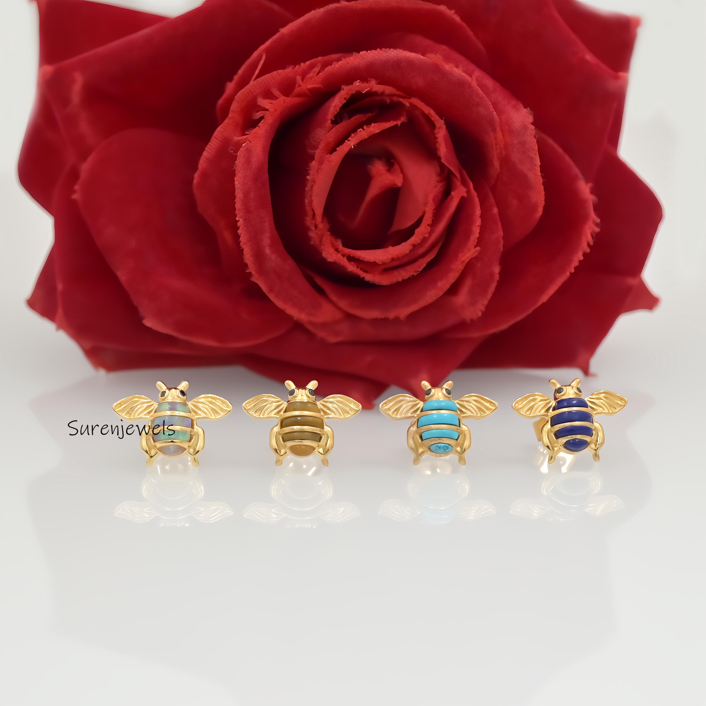 14K Gold Honey Bee Stud Earrings: Gemstone Bumble Bee Jewelry - Suren Jewels | SKU: SJE1795-SLRGTE-12M,SJE1775-SLYGEOOPCZ-12M