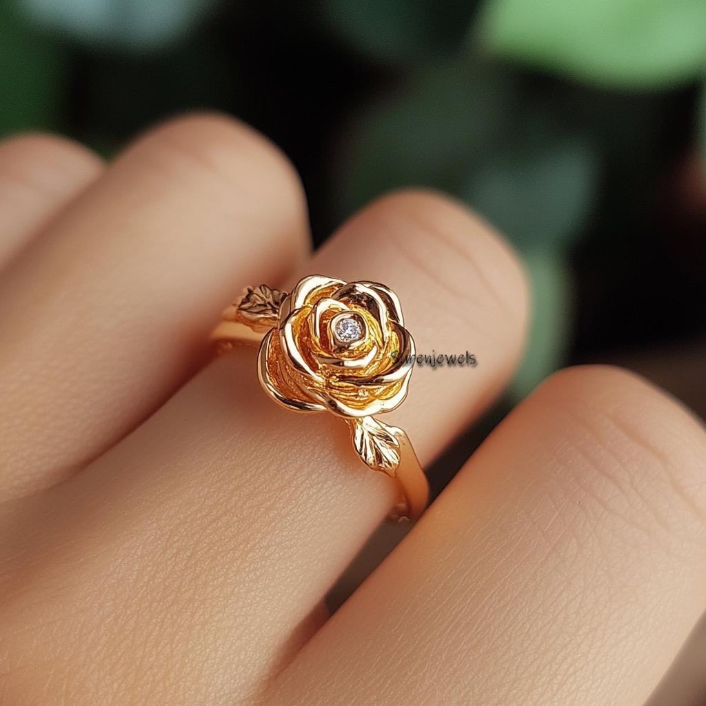 14k Gold Rose Ring: Dainty Flower Jewelry - Suren Jewels | SKU: SJR2947-SLYGCZ-US-6,SJR2996-SLYGCZ-US-7.5