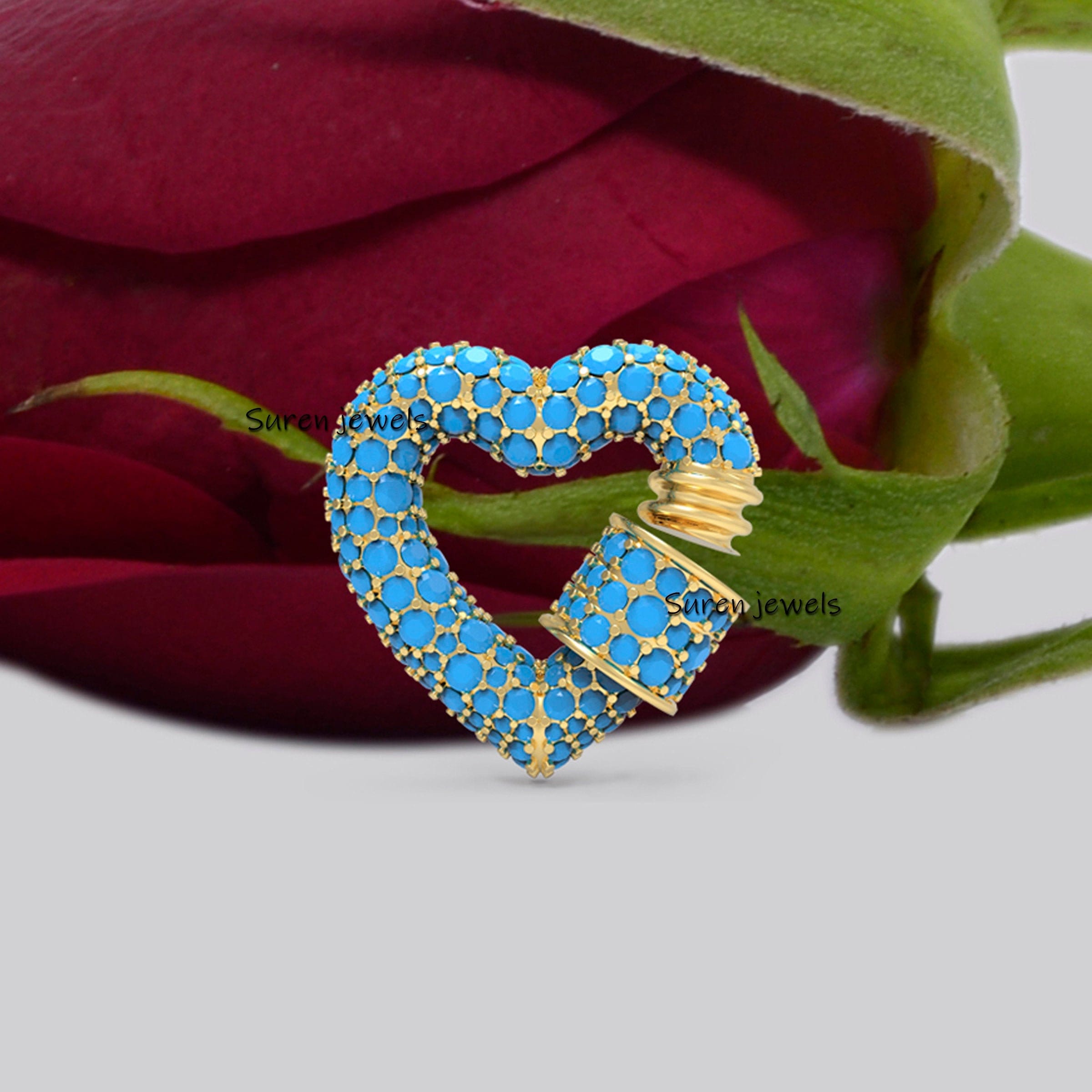 9k Gold Heart Carabiner Lock with Gemstones - View 5 - Suren Jewels | SKU: SJC135-
