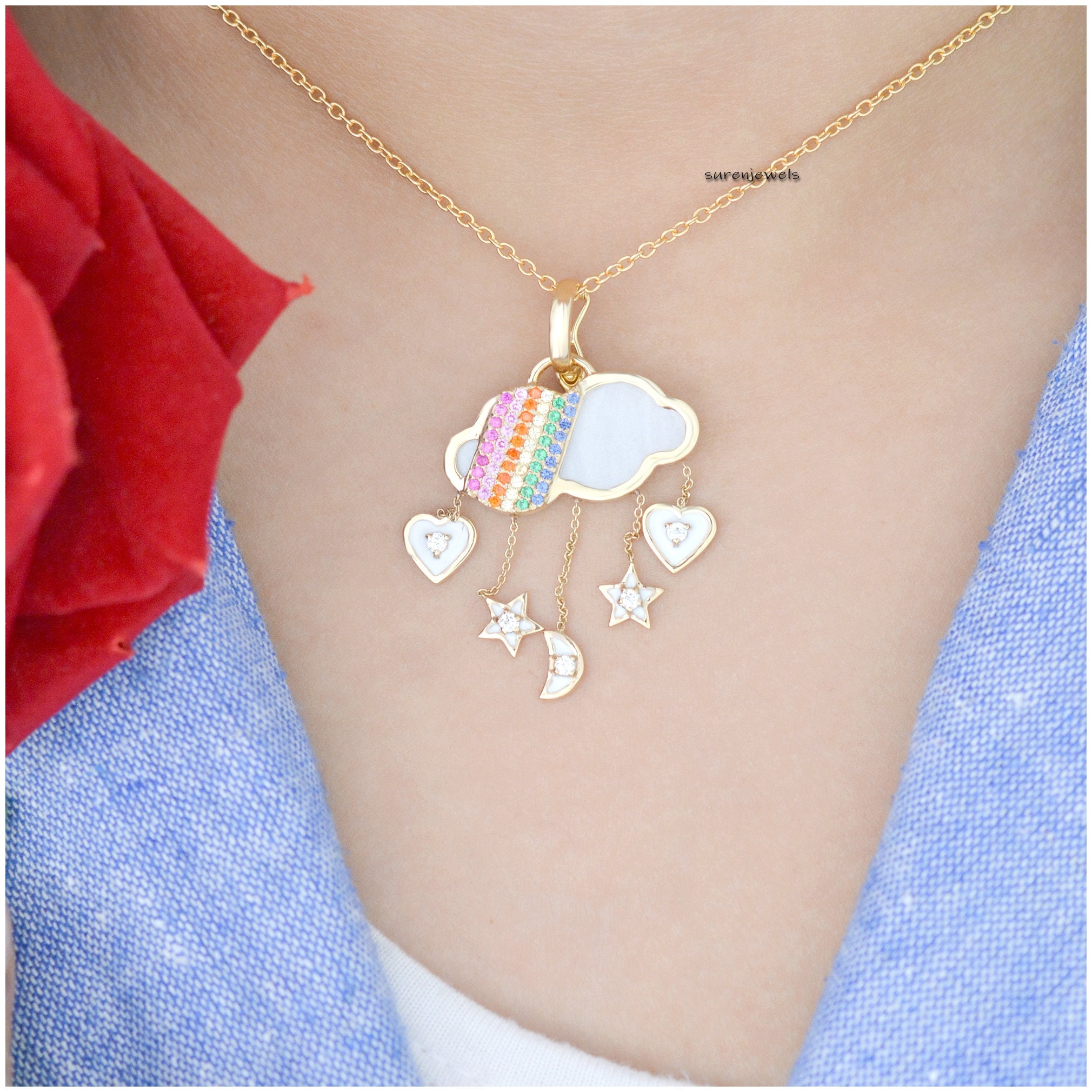 14K Gold Cloud Pendant: Gemstone Star Moon Charm - View 3 - Suren Jewels | SKU: SJP1307-14KYGMNPLMTCS-25M
