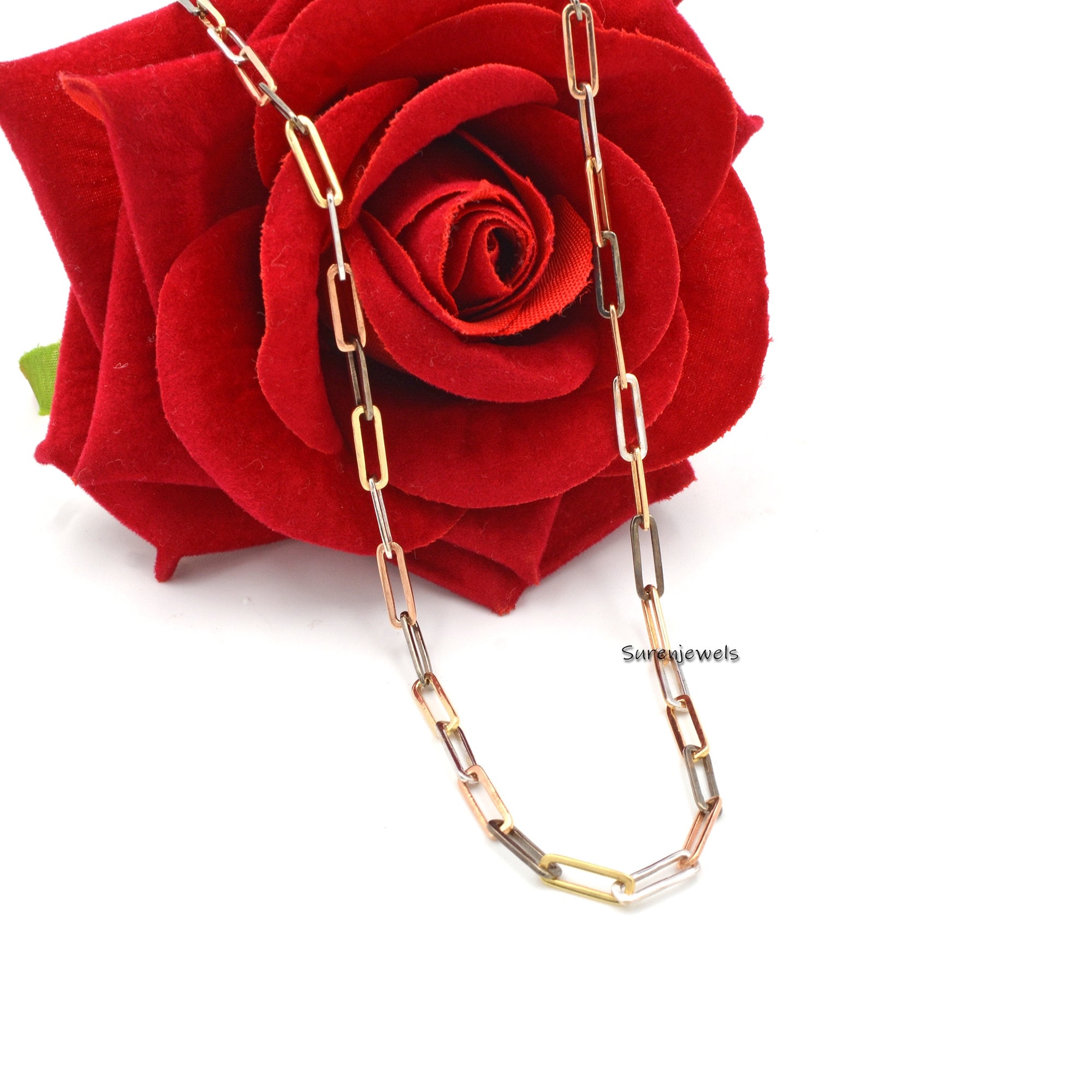 Two-Tone 925 Silver Paperclip Chain Necklace - View 3 - Suren Jewels | SKU: SJN27/ G1-SLNSYGRHRG-10M-18I