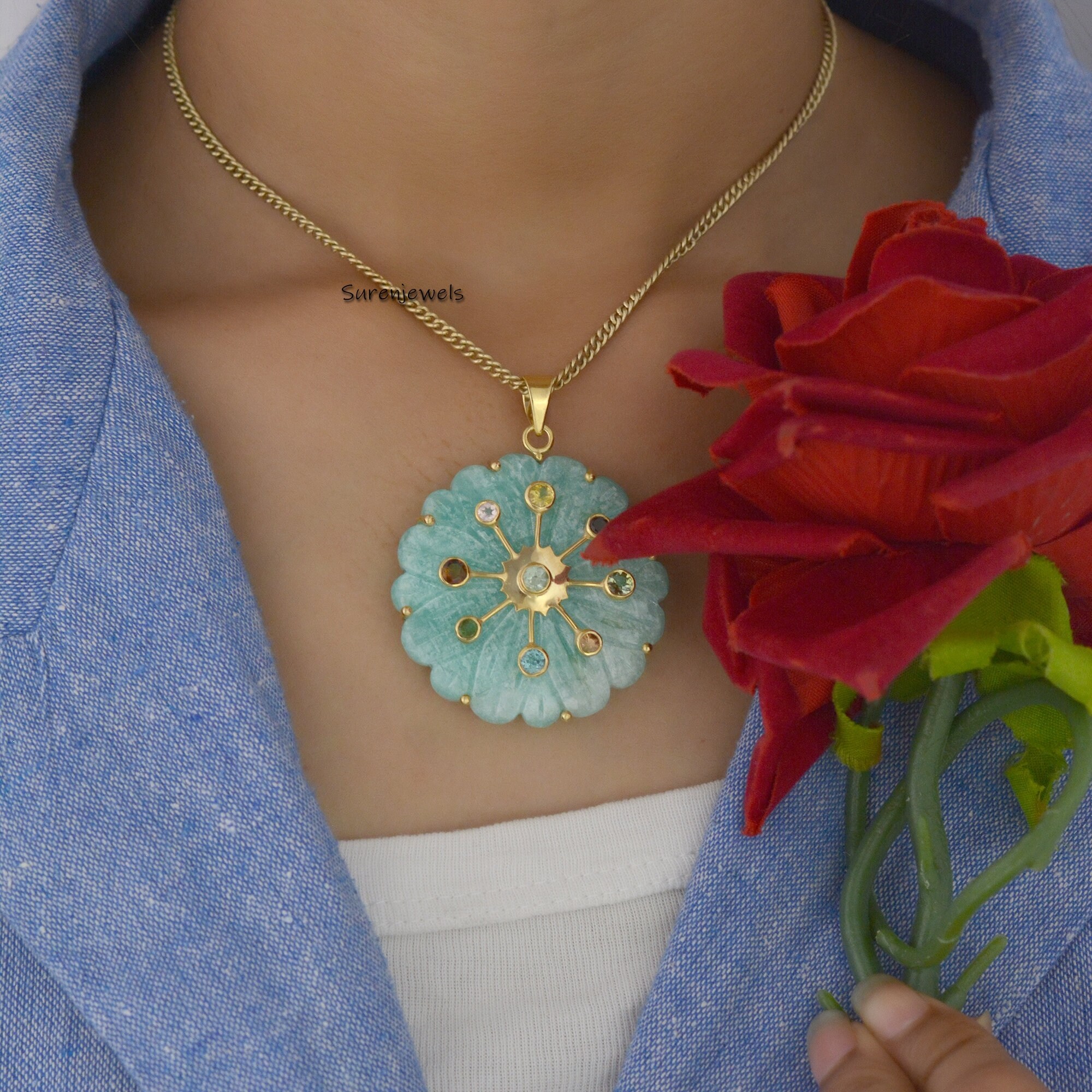 Hand Carved 14K Gold Flower Pendant: Gemstone Accent - View 6 - Suren Jewels | SKU: SJP1601