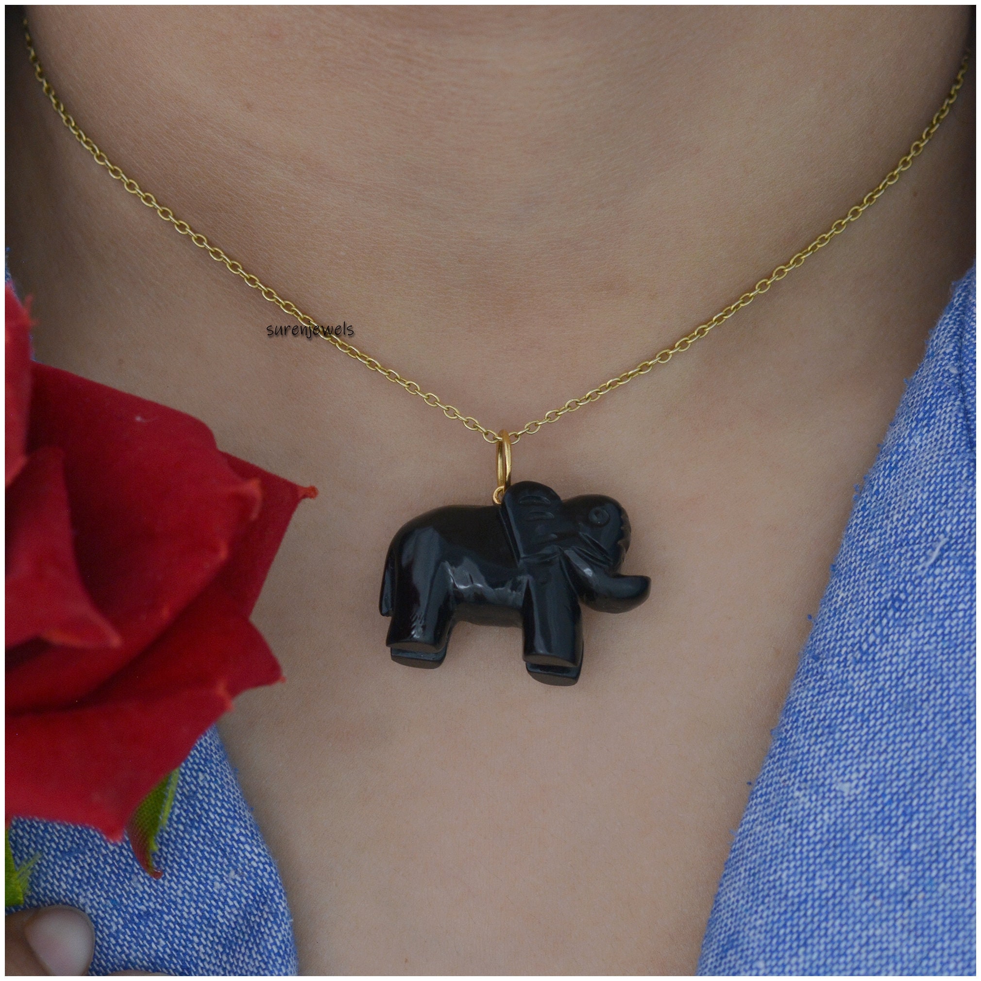 14k Gold Carved Gemstone Elephant Pendant - Coral or Druzy Charm - View 7 - Suren Jewels | SKU: SJP1165-SLYGRQ