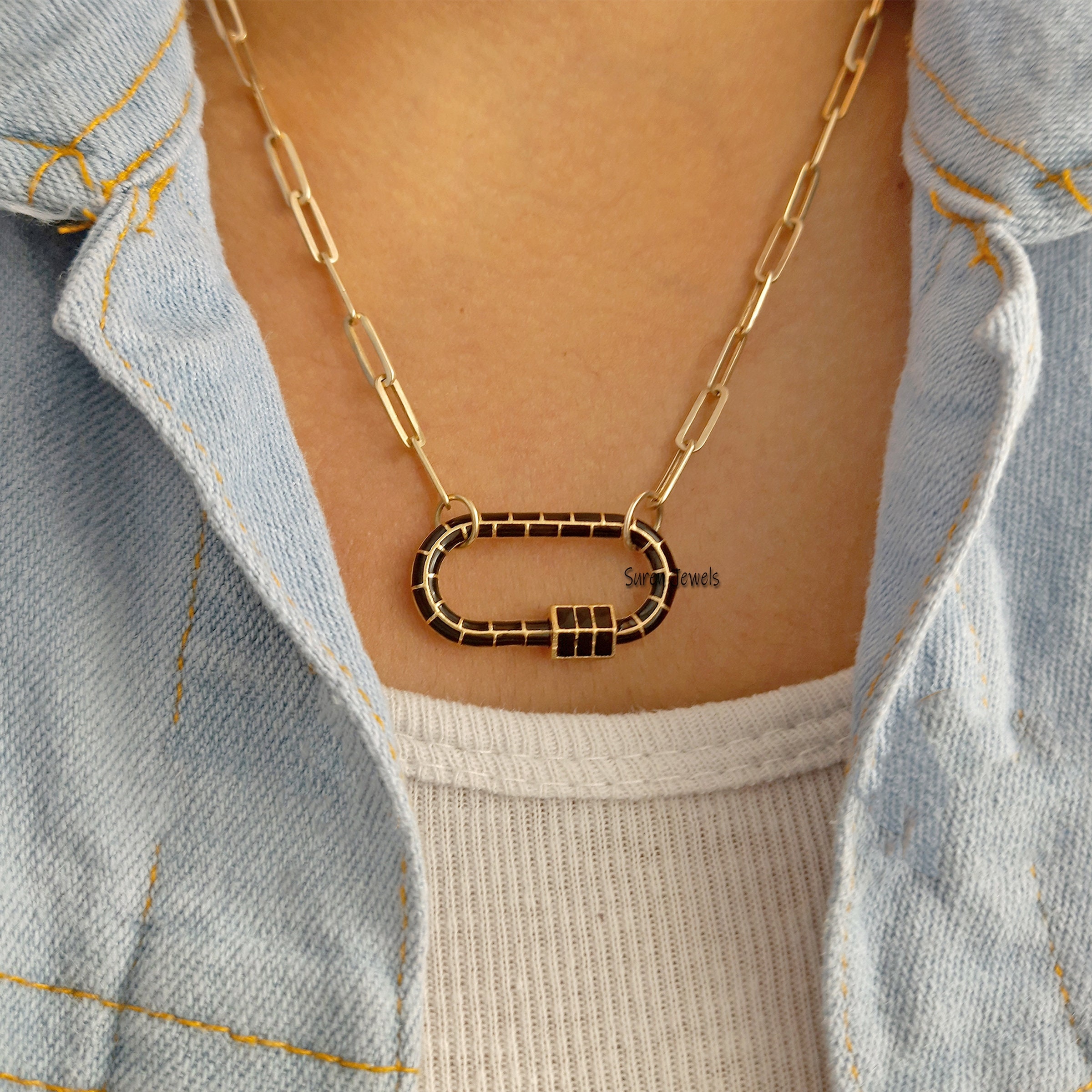 14K Solid Gold Enamel Carabiner Lock: Designer Jewelry - View 6 - Suren Jewels | SKU: SJC18-SLYGELW-30M-N24-18I-925
