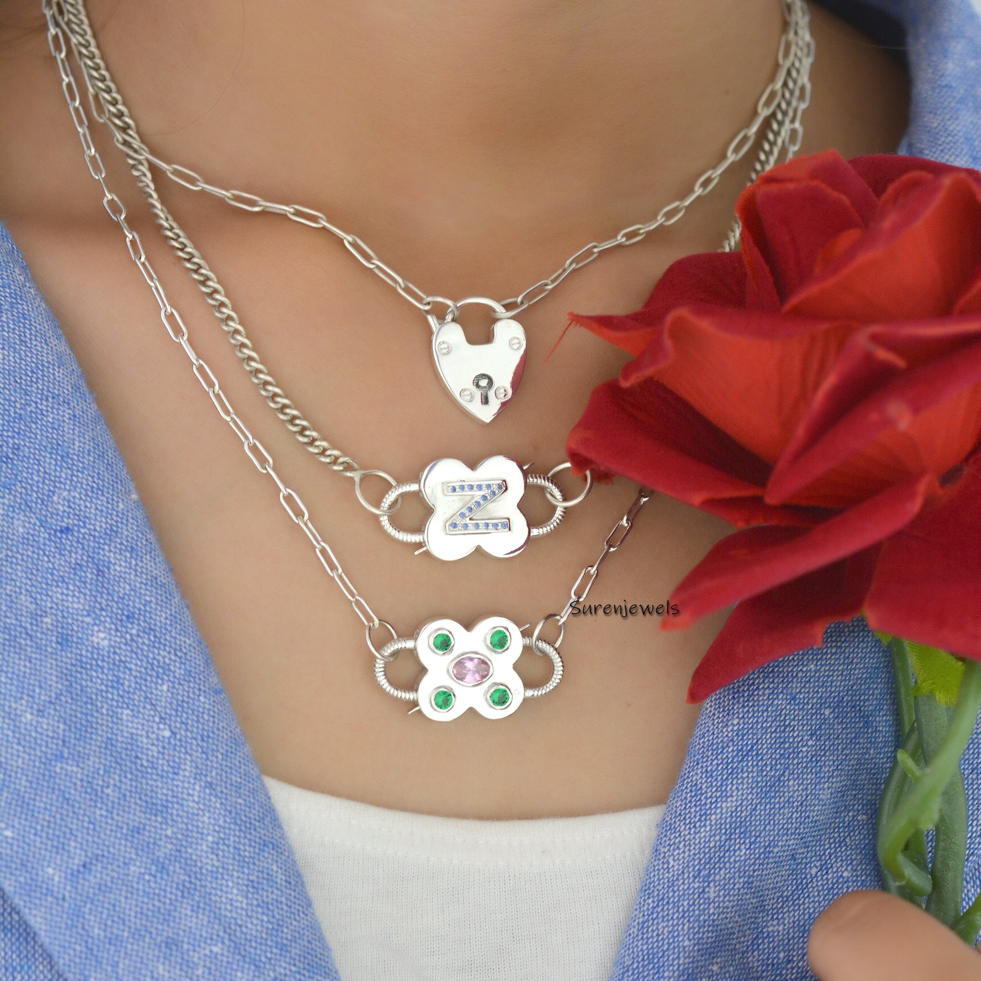 925 Silver Gemstone Padlock: Vintage Connector, Handmade Victorian Pendant - Suren Jewels | SKU: SJP65-SLYGPOGO
