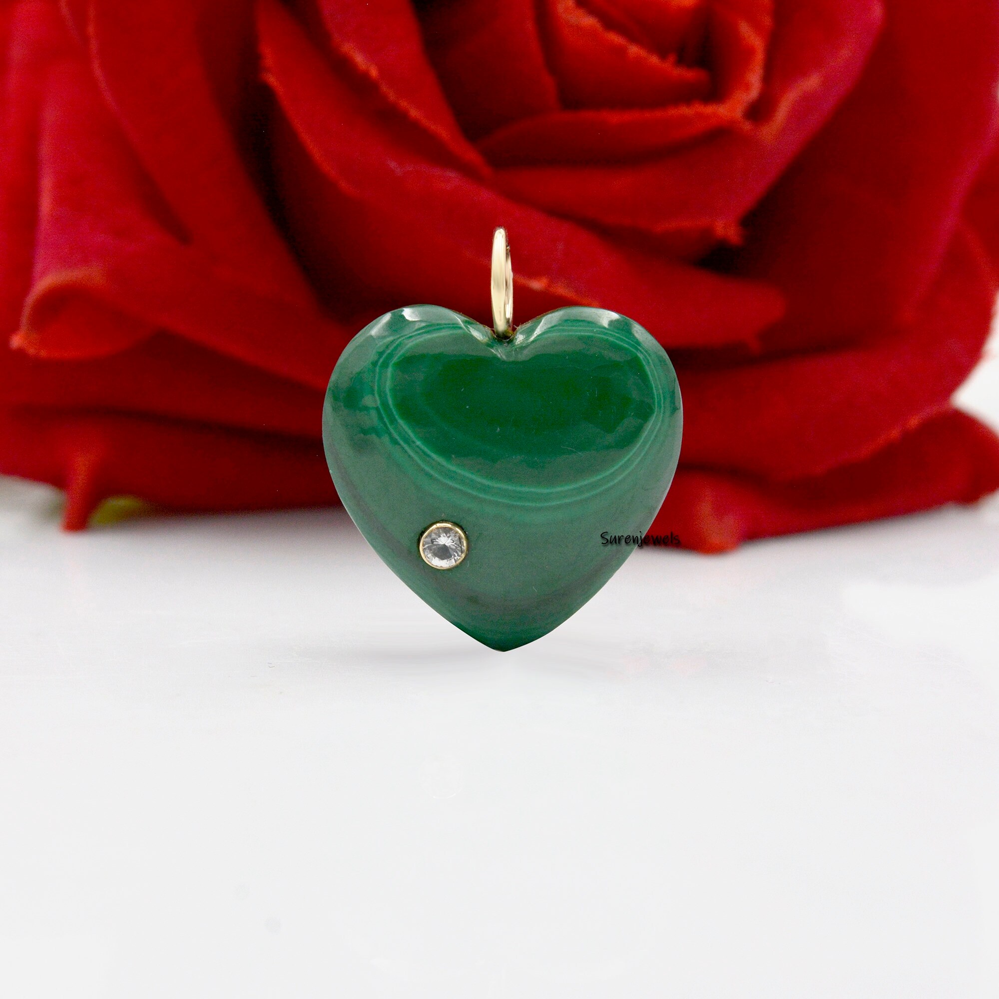 14K Gold Gemstone Heart Pendant, Carved Puffy Heart - View 4 - Suren Jewels | SKU: SJP1060-9KYGLPZWT-20M