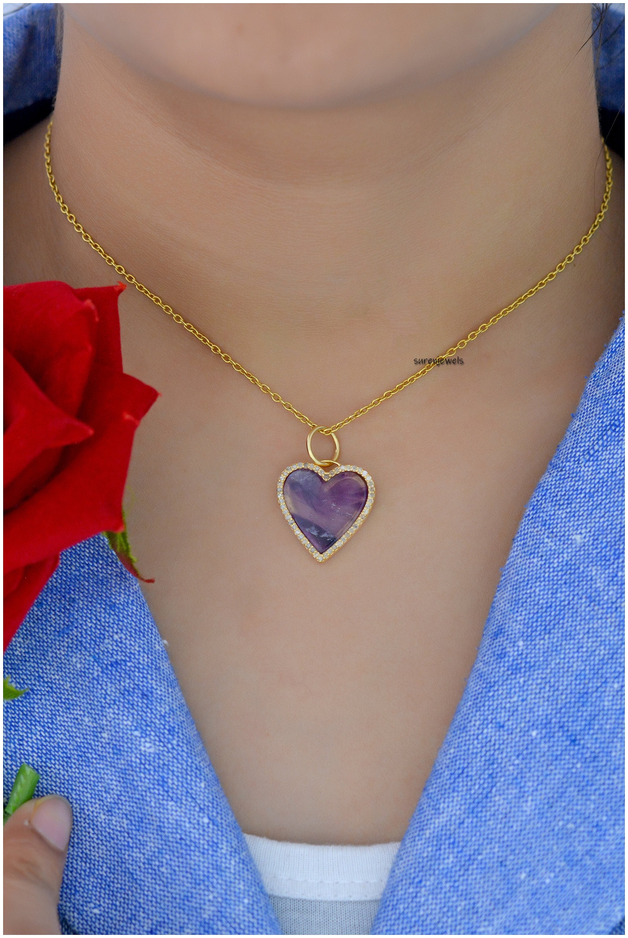 14k Gold Gemstone Heart Pendant: Lapis, Turquoise, Malachite - View 5 - Suren Jewels | SKU: SJP1018-SLYGMC