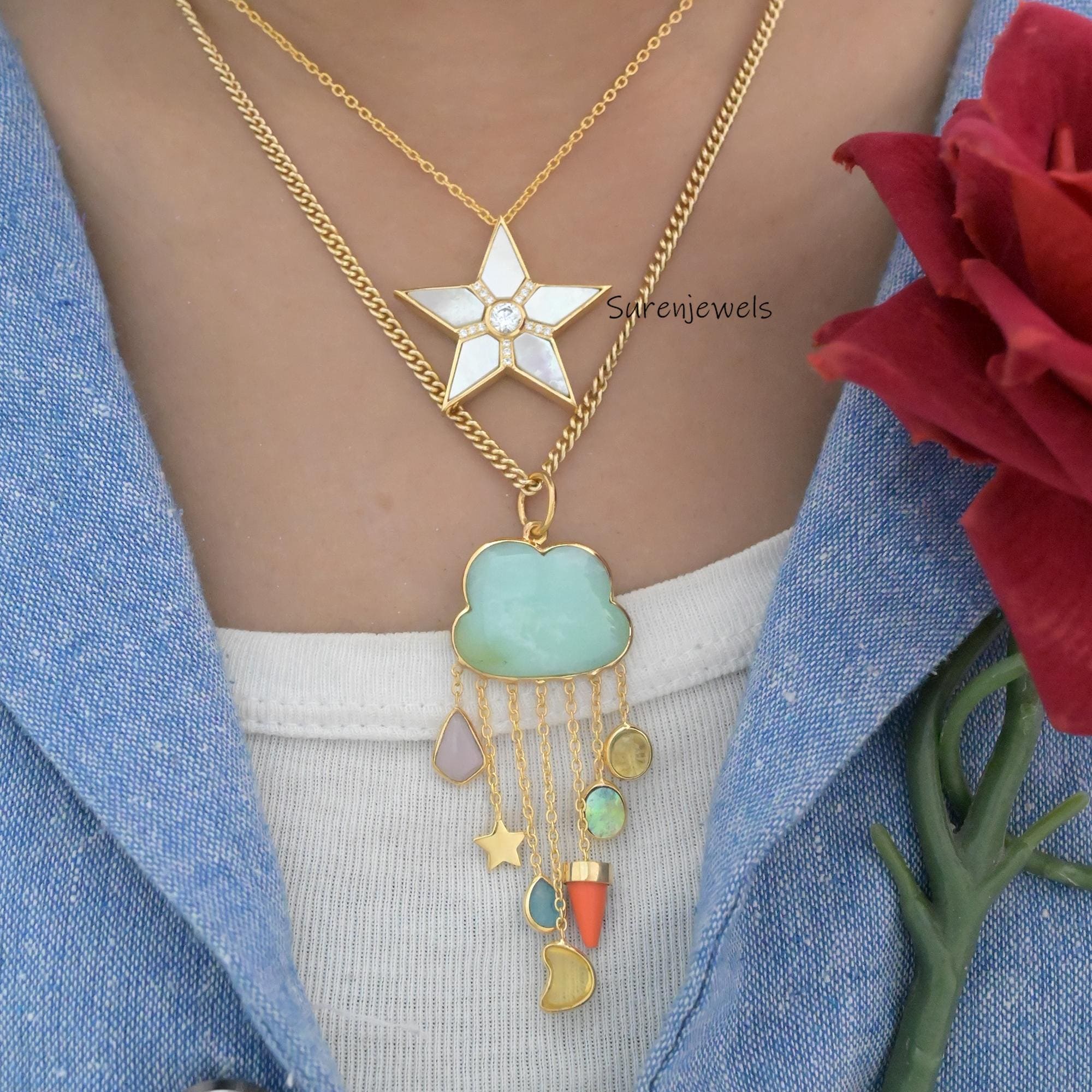 Hand Carved 14K Gold Gemstone Rainy Cloud Pendant - View 2 - Suren Jewels | SKU: SJP2667-SLYGMSMT