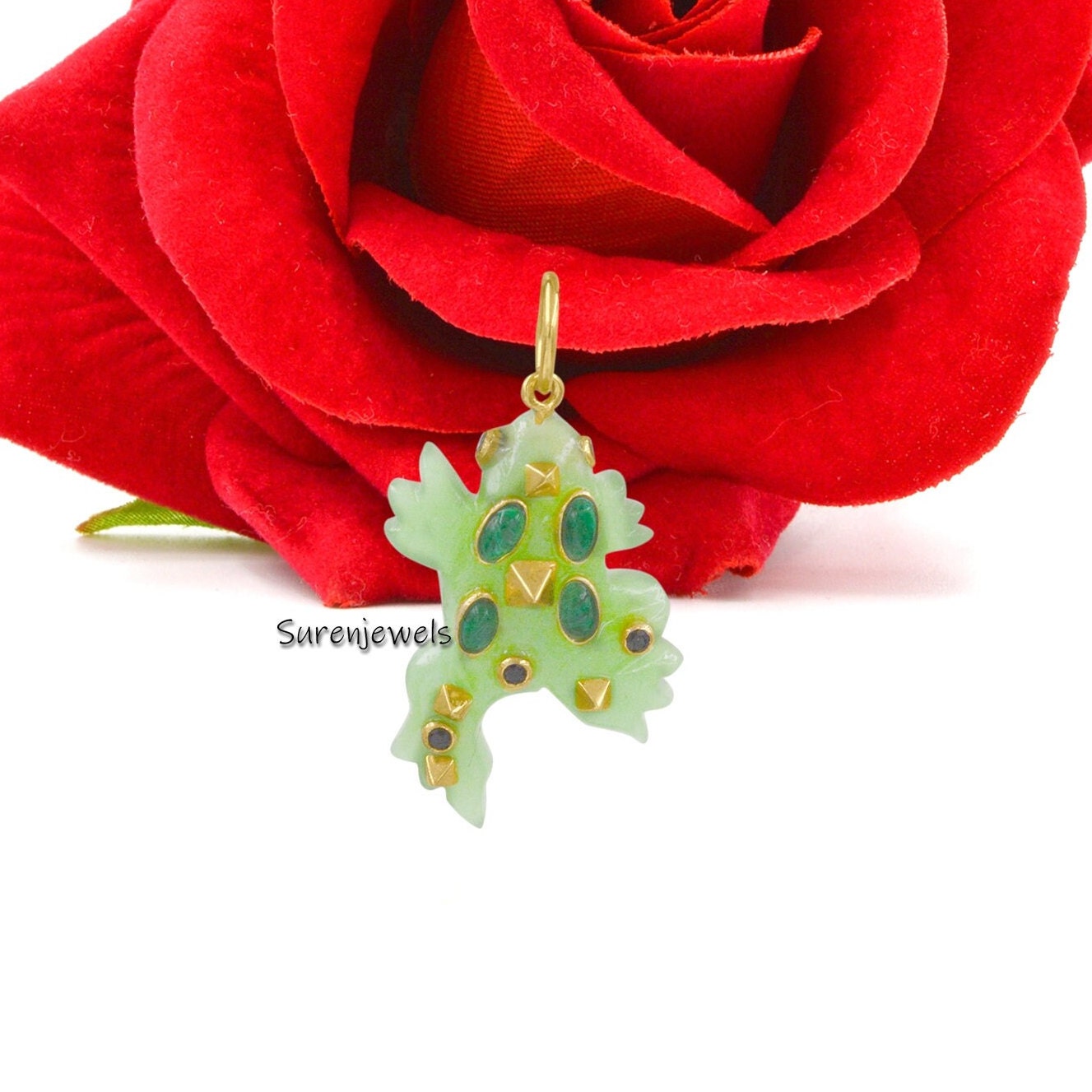 14K Gold Malachite Frog Pendant: Handmade Carved Animal Charm - View 3 - Suren Jewels | SKU: SJP1724