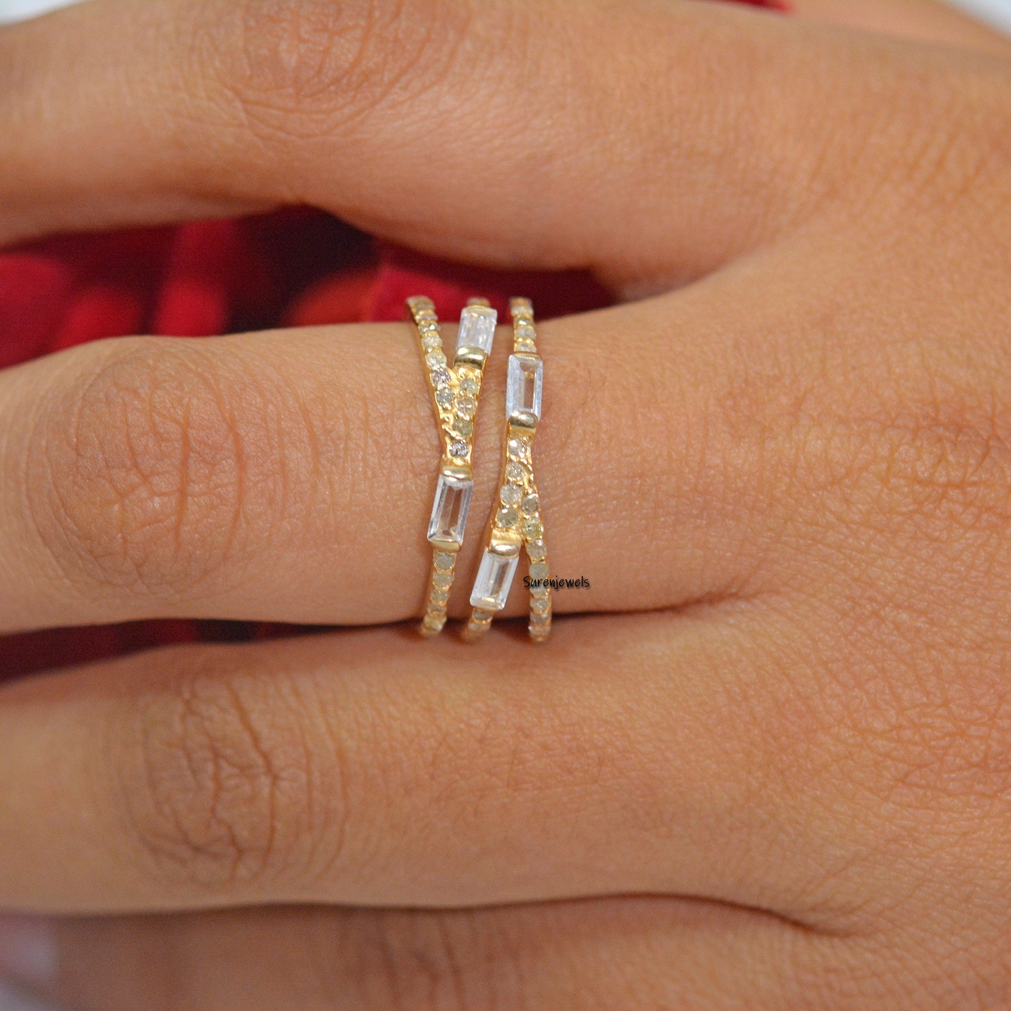 14K Gold Diamond Crossover Ring: Multi Row Band - View 6 - Suren Jewels | SKU: SJR14-14KYGDSIGBTT-14K
