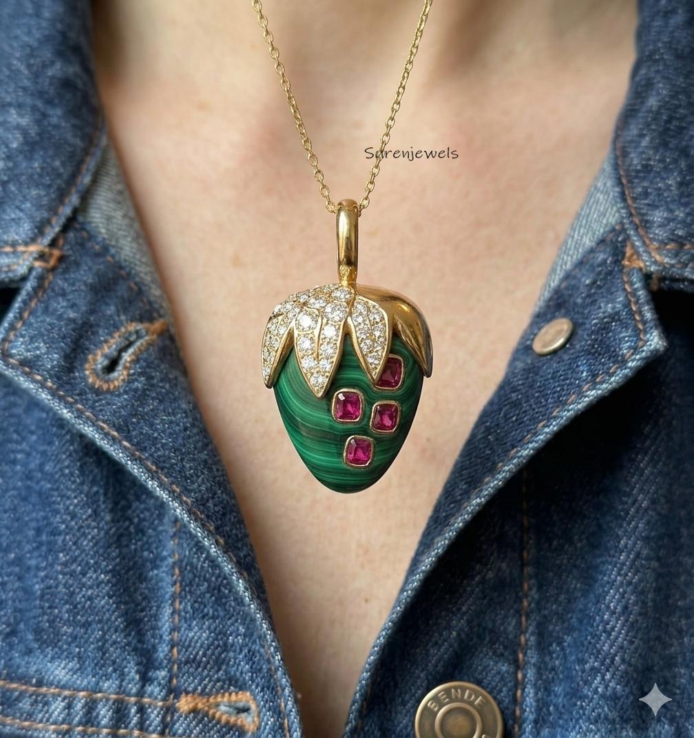 14k Gold Strawberry Pendant, Gemstone Gold Strawberry Pendant, Designer Carved Strawberry Charm, Gold Carving Strawberry Char