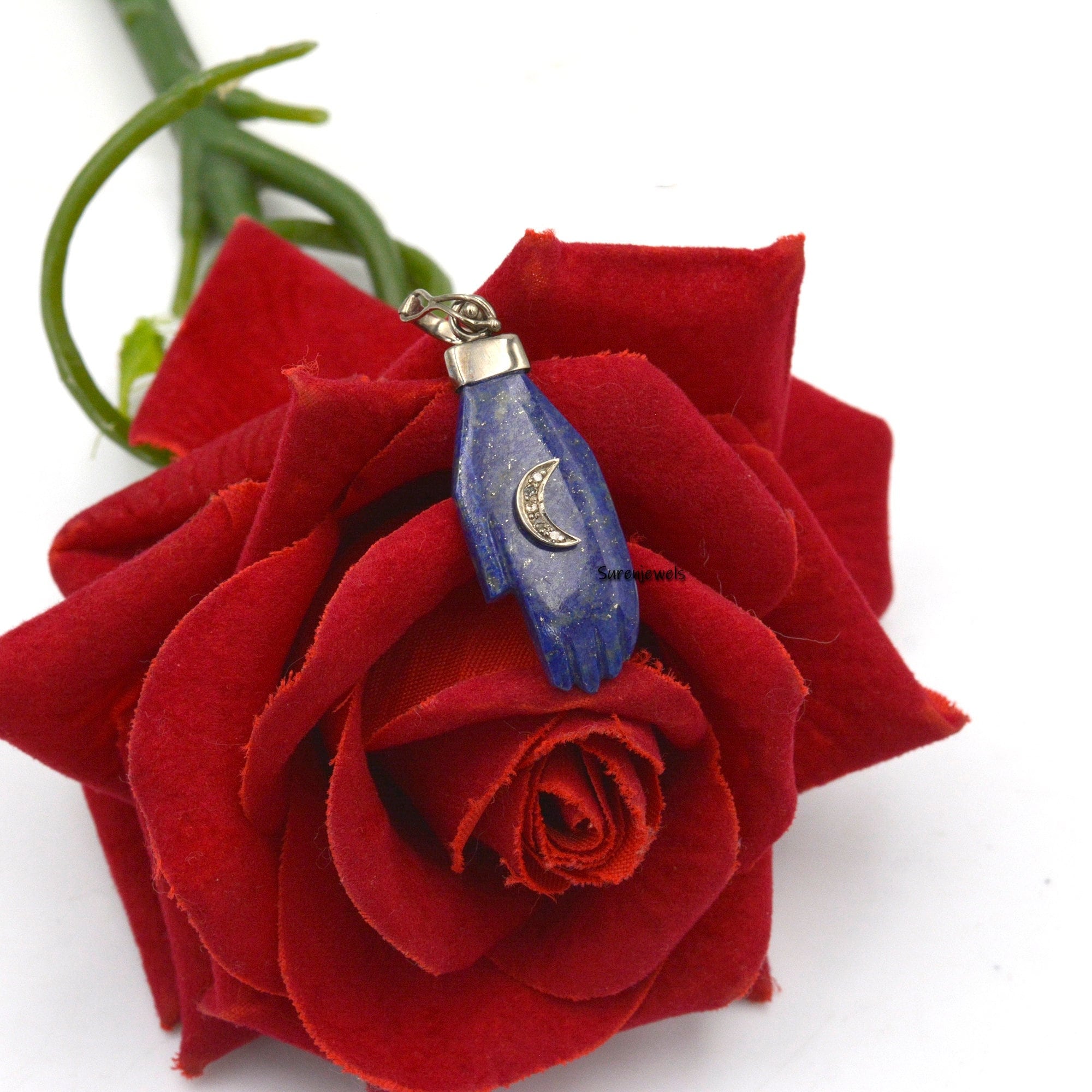 Lapis Hand Figa Charm Pendant, 925 Sterling Silver, Good Luck - Suren Jewels | SKU: SJP1096-SLNSBODI-25