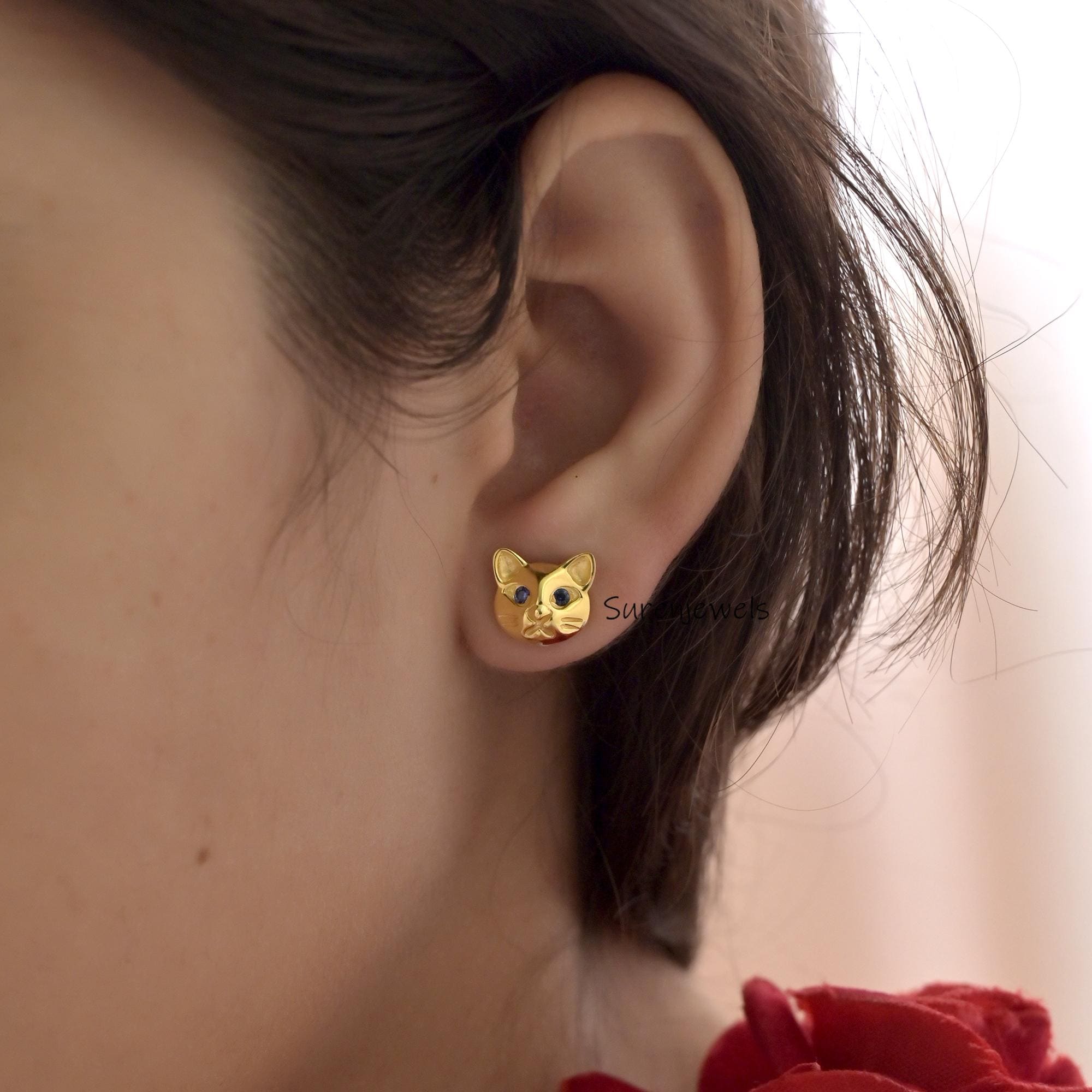 14k Gold Tiny Cat Stud Earrings, CZ Eyes - View 2 - Suren Jewels | SKU: SJE1863-SLYGBSP-10M